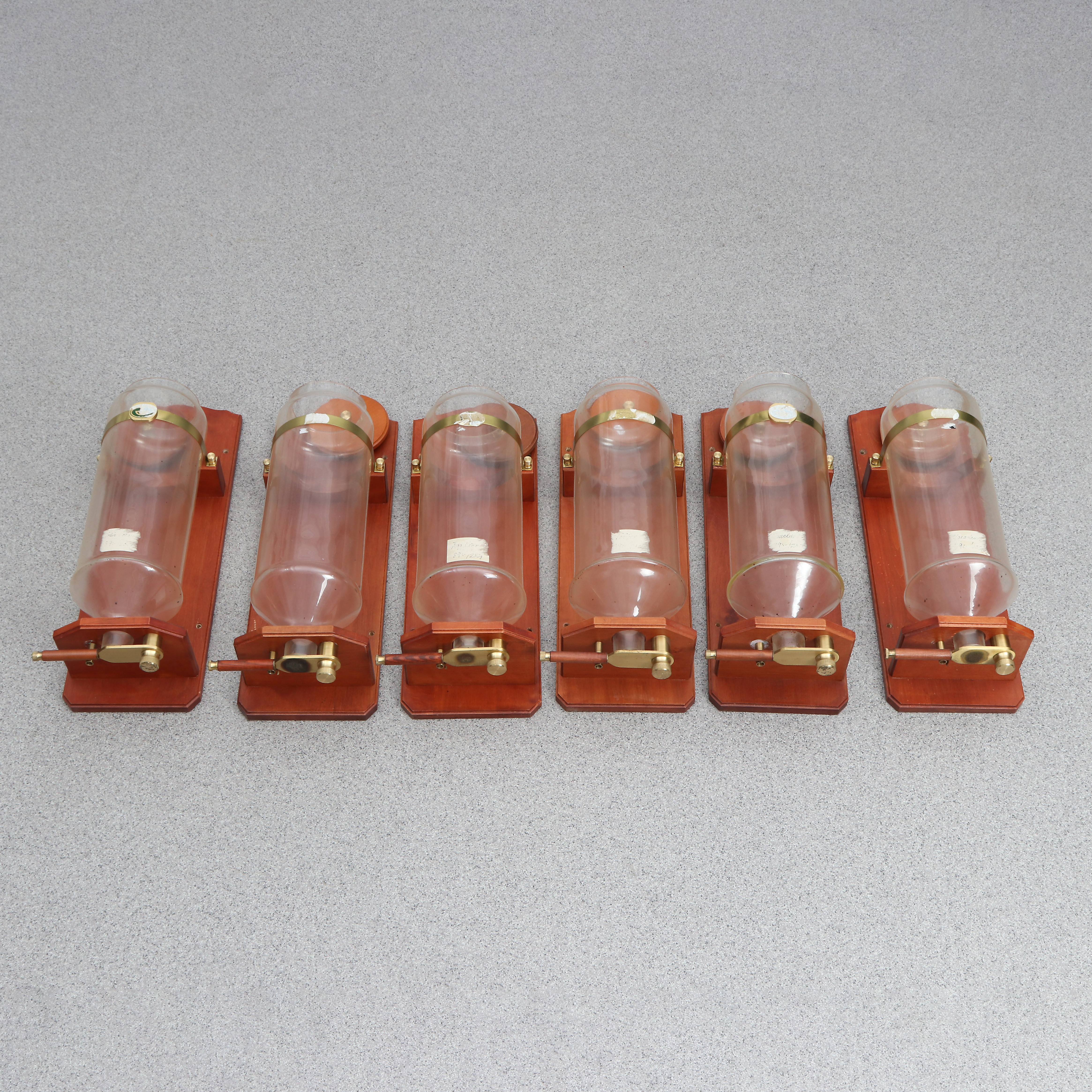 VÄGGHÄNGDA KAFFEBEHÅLLARE, SEX ST. Glas, mässing och betsat trä. 1900-tal.