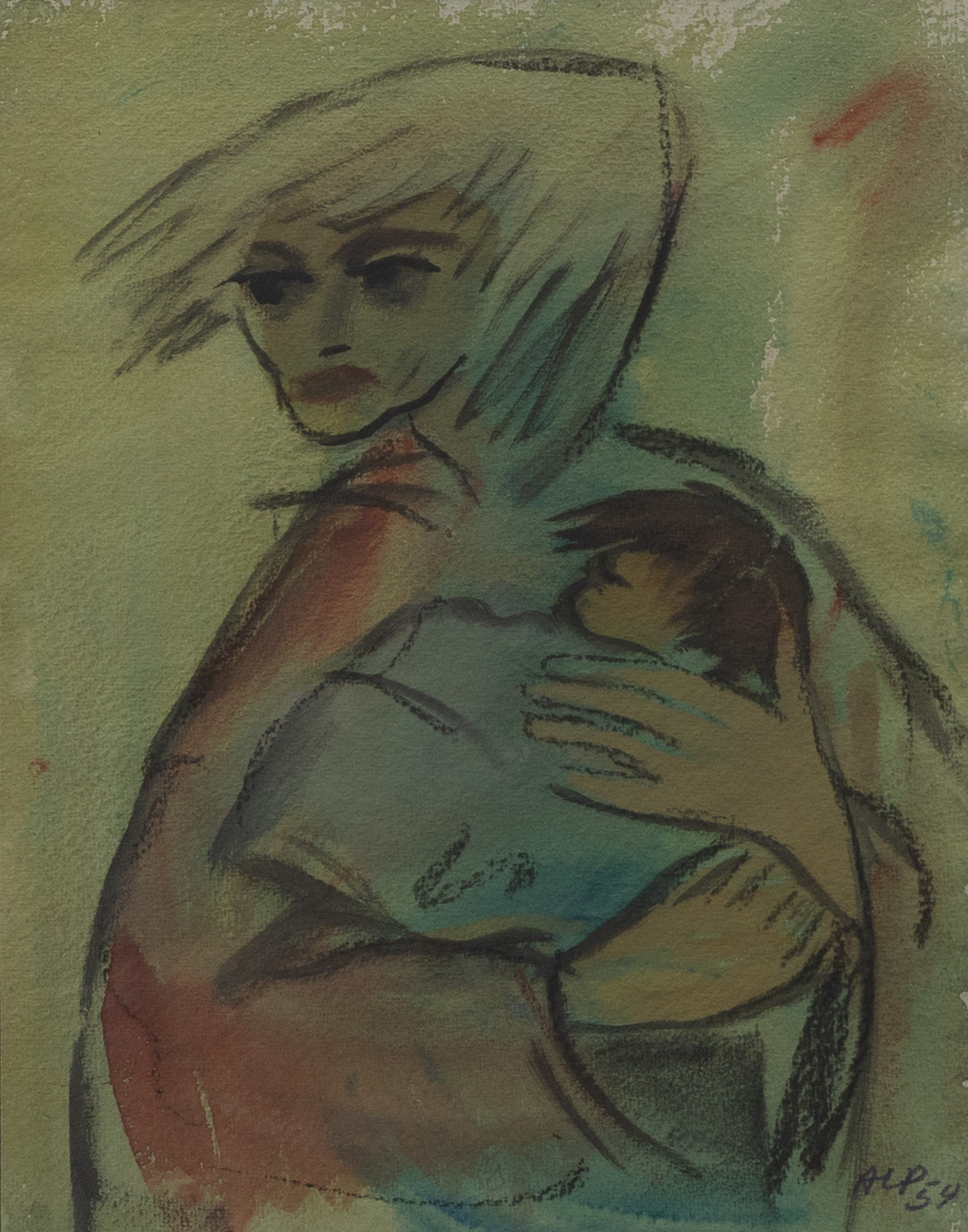 ARNE LUNDING PETERSEN. Kvinna med barn i famn, pastell, signerad Arne Lunning - P........ och daterad -54.