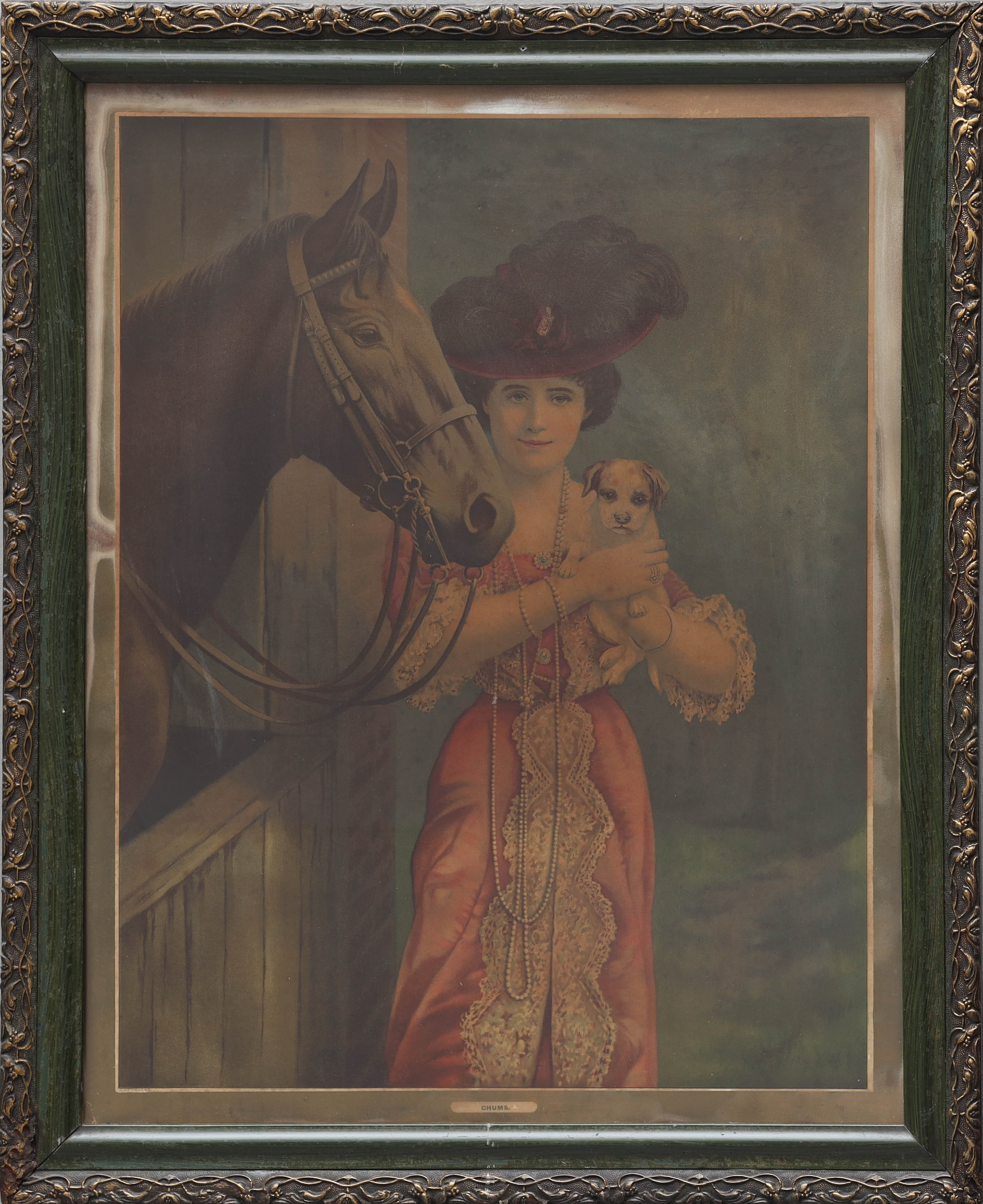 TRYCK, dam med häst och hund, tidigt 1900-tal.