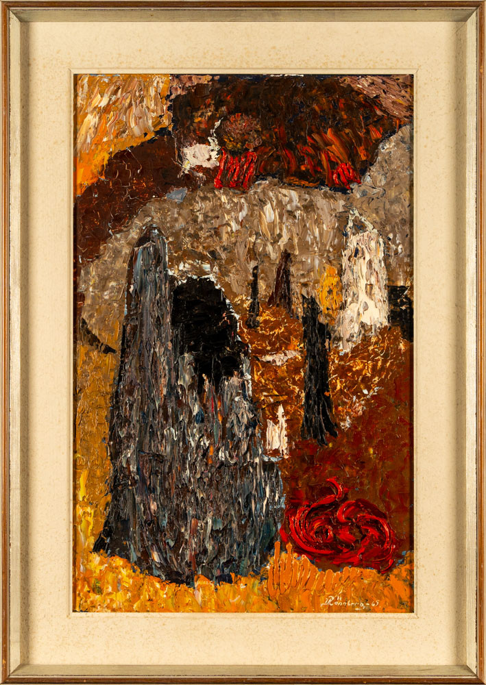 IVAR RÖNNBERG. Olja på pannå, Signerad Rönnberg 65, "Bränd mark".