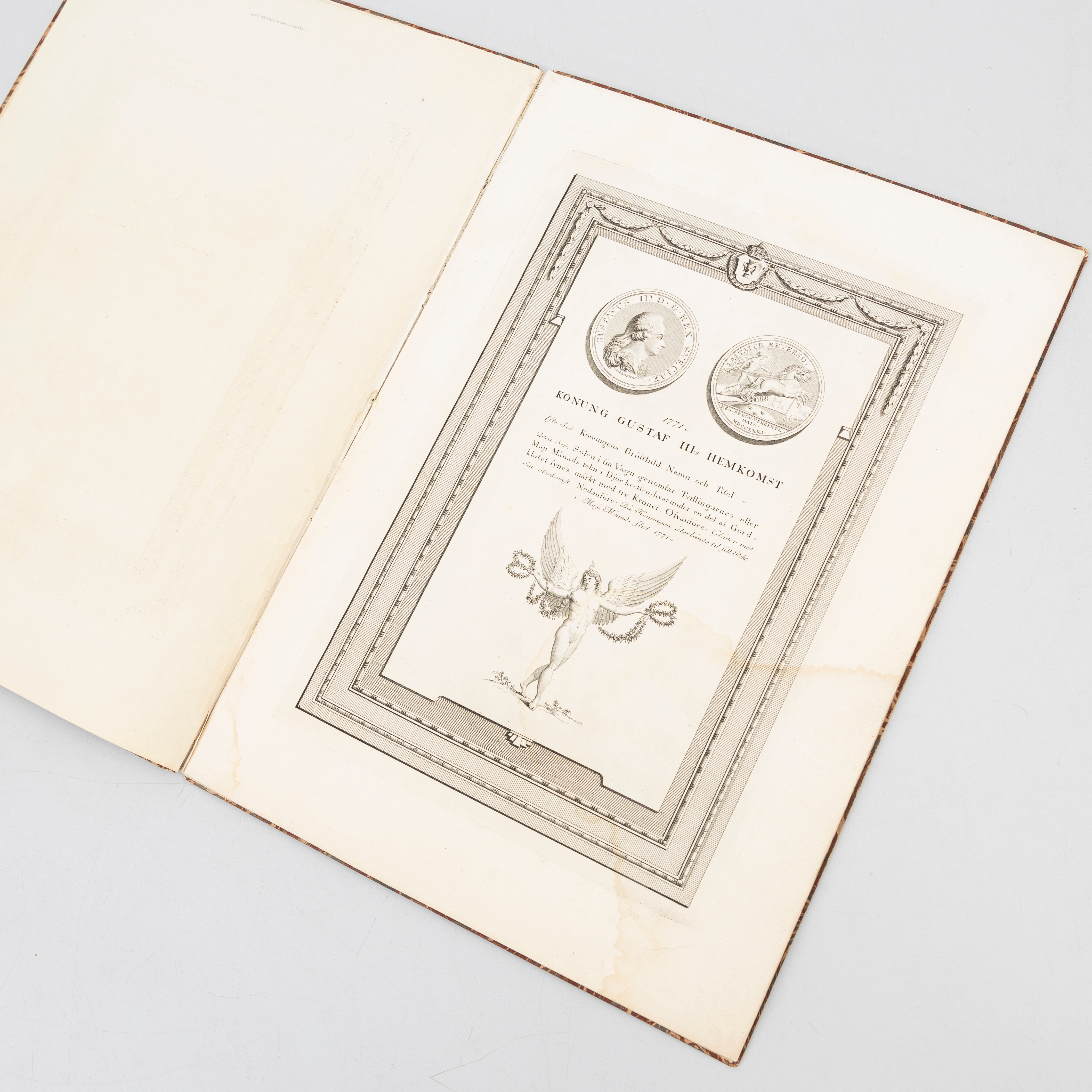 GRAVYRER, 2 st, "Konung Gustaf III:s Hemkomst", "Wasa Orden Stiftad", 1700-tal, monterade i pärm.