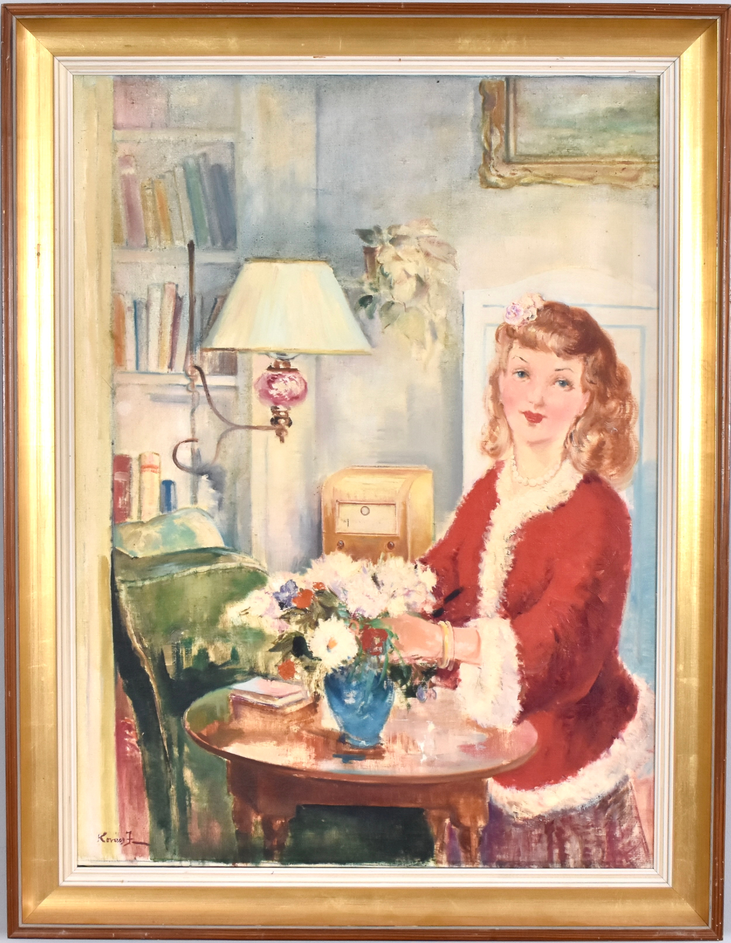 OIDENTIFIERAD KONSTNÄR. oljemålning på duk, kvinna vid bord.