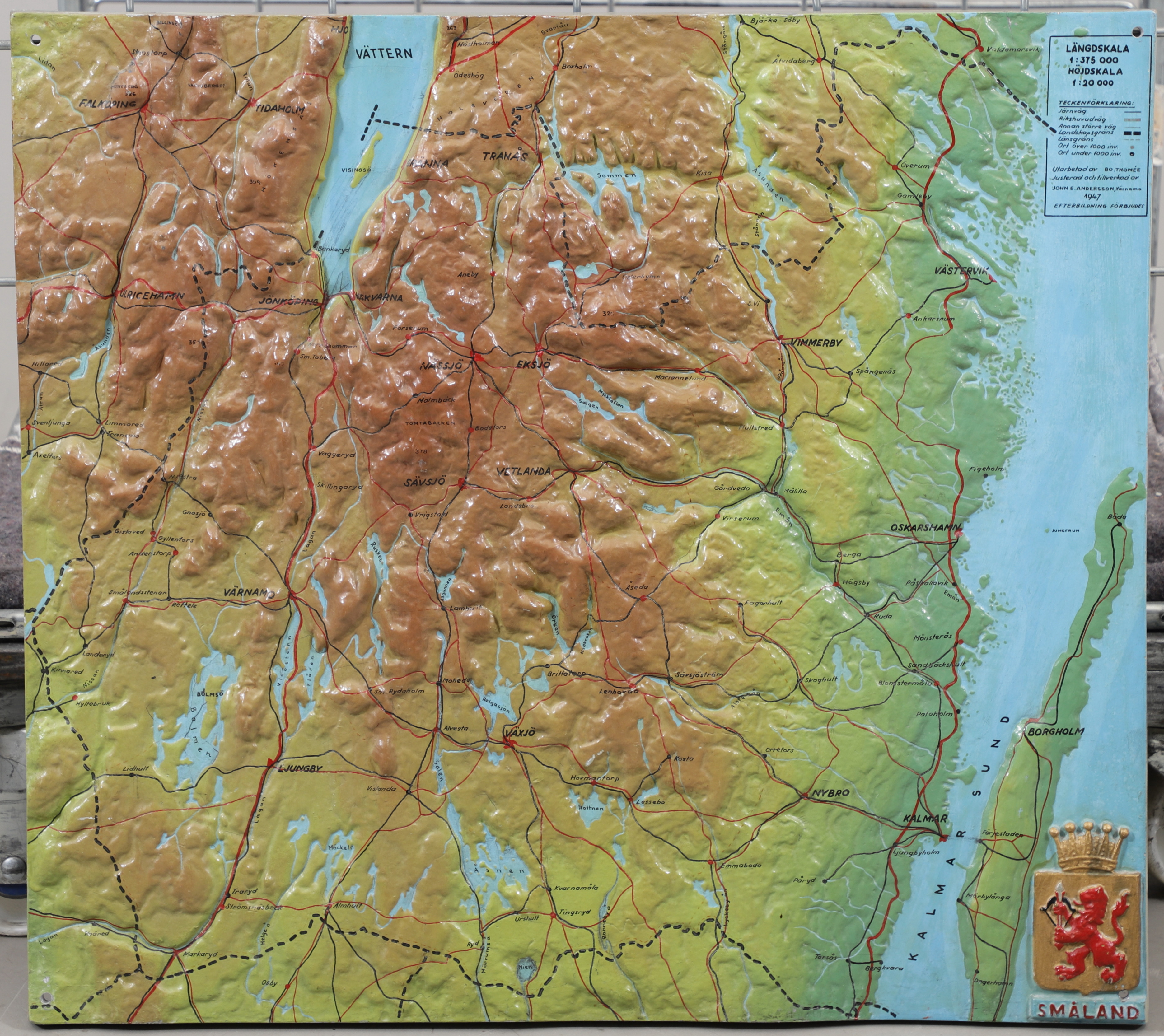 RELIEFKARTA, metall, Småland, 1947.