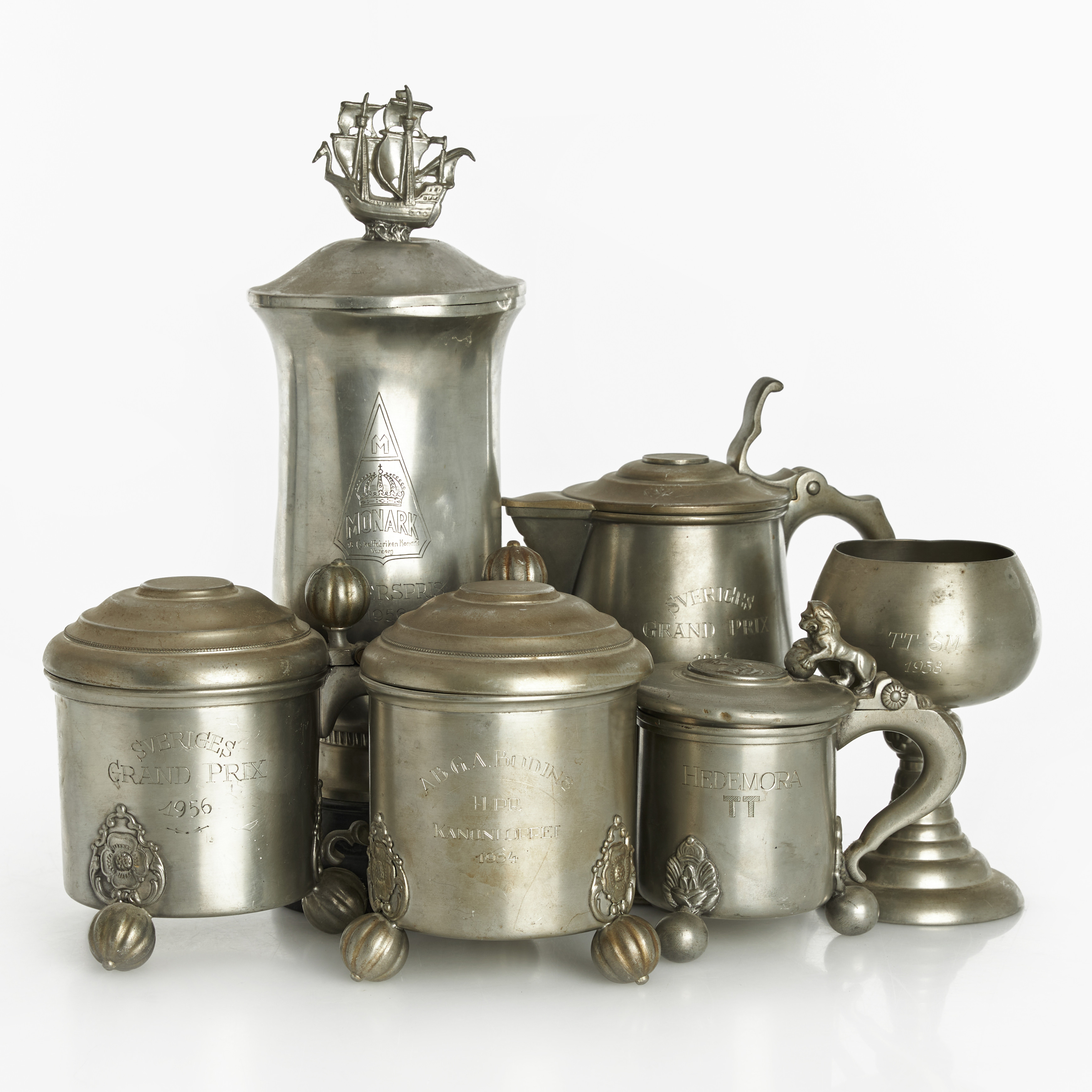 MOTORSPORTMEMORABILIA, 6 dlr., "Varg-Olle" Nygrens prissamling, för Speedway, tenn, pokal, stop, bägare, 1950-tal.