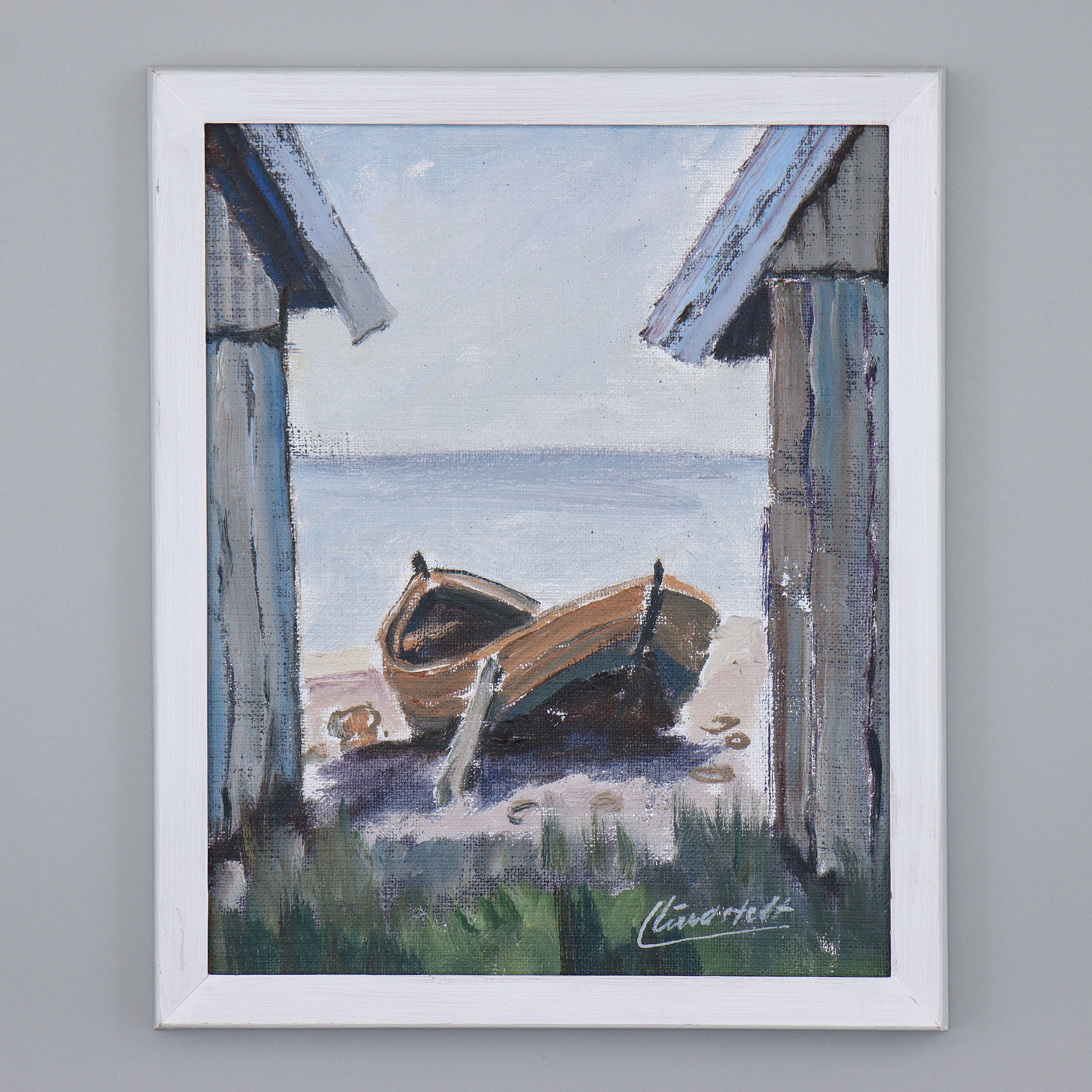 LARS LINDSTEDT, "BÅT MELLAN SJÖBODAR" OLJA PÅ PANNÅ, SIGNERAD (ÖLAND).