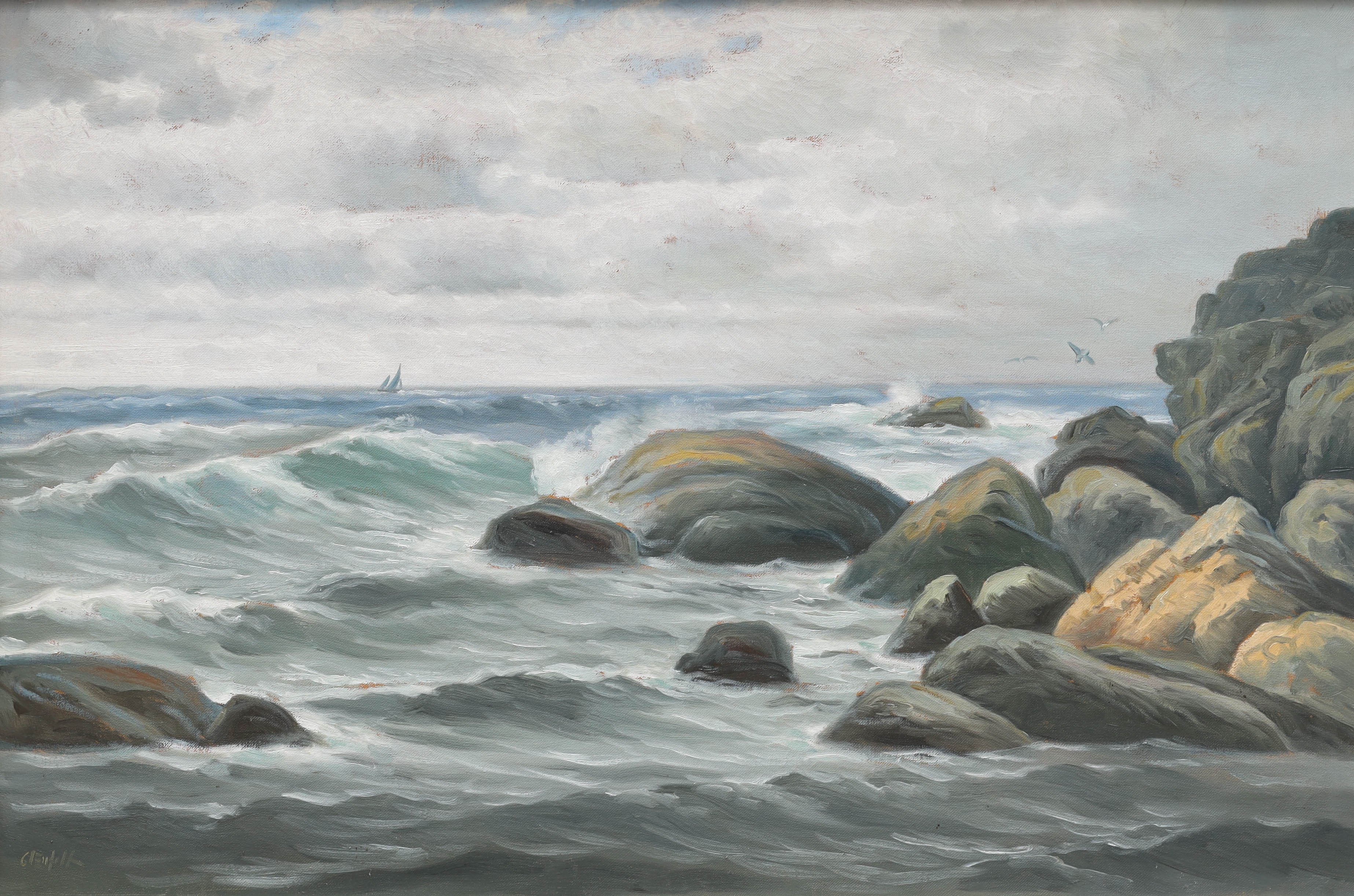 OIDENTIFIERAD KONSTNÄR. olja på duk, kustmotiv, 90 x 60 cm, signerad.