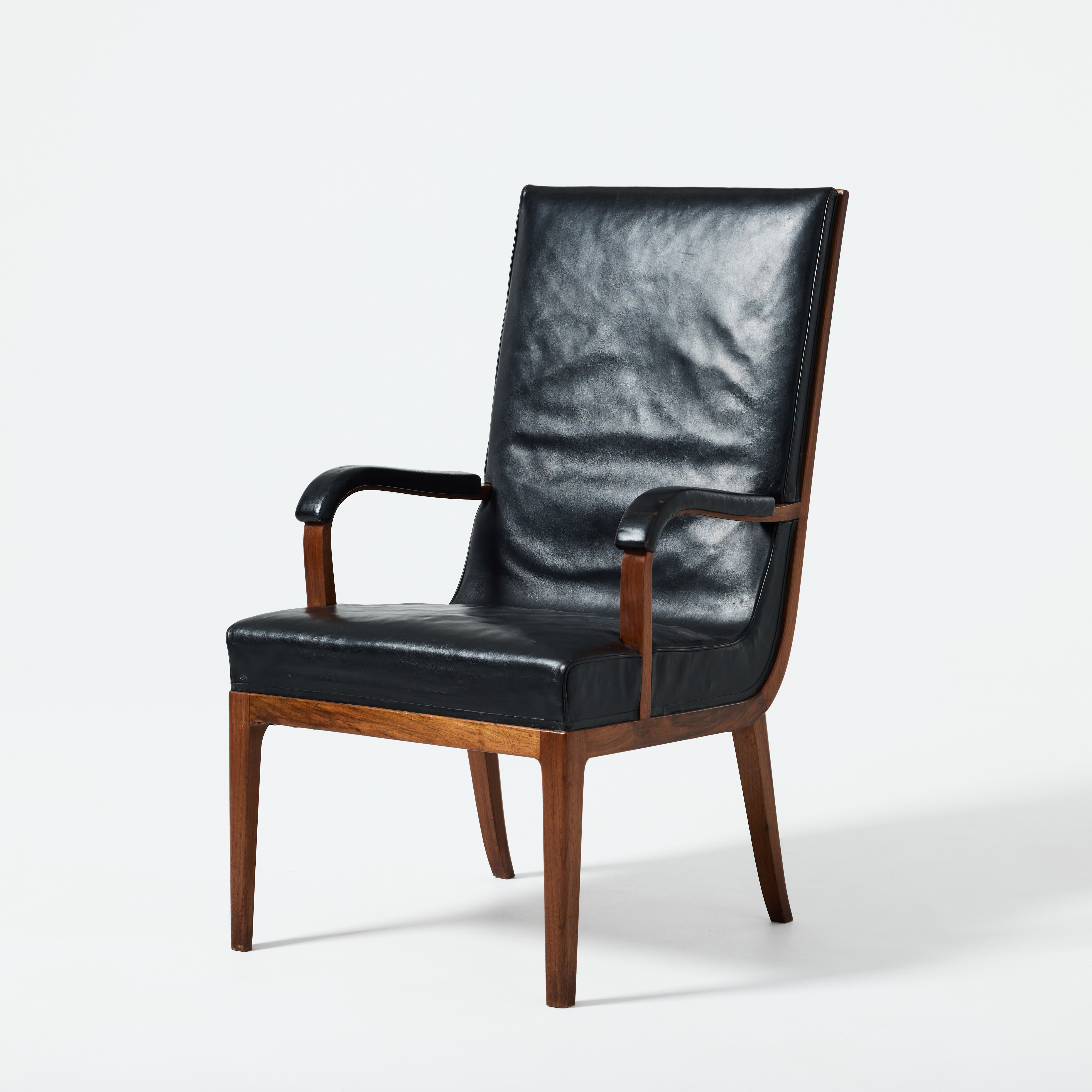 KARMSTOL, Sverige 1930/40-tal, mahogny, klädsel i svart läder.