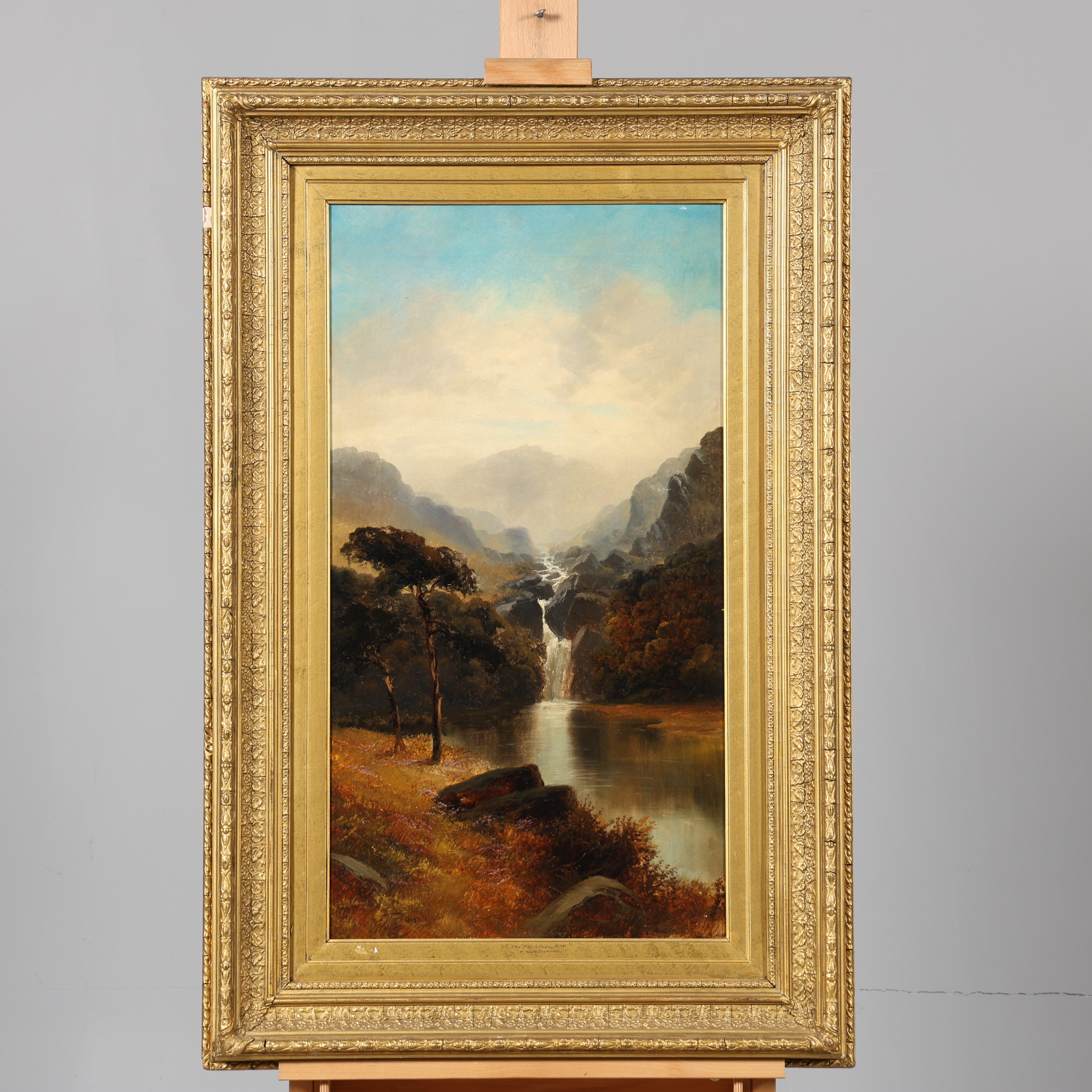 FRANCIS MUSCHAMP. OLJA PÅ DUK, landskap med berg och vattenfall, signerad.