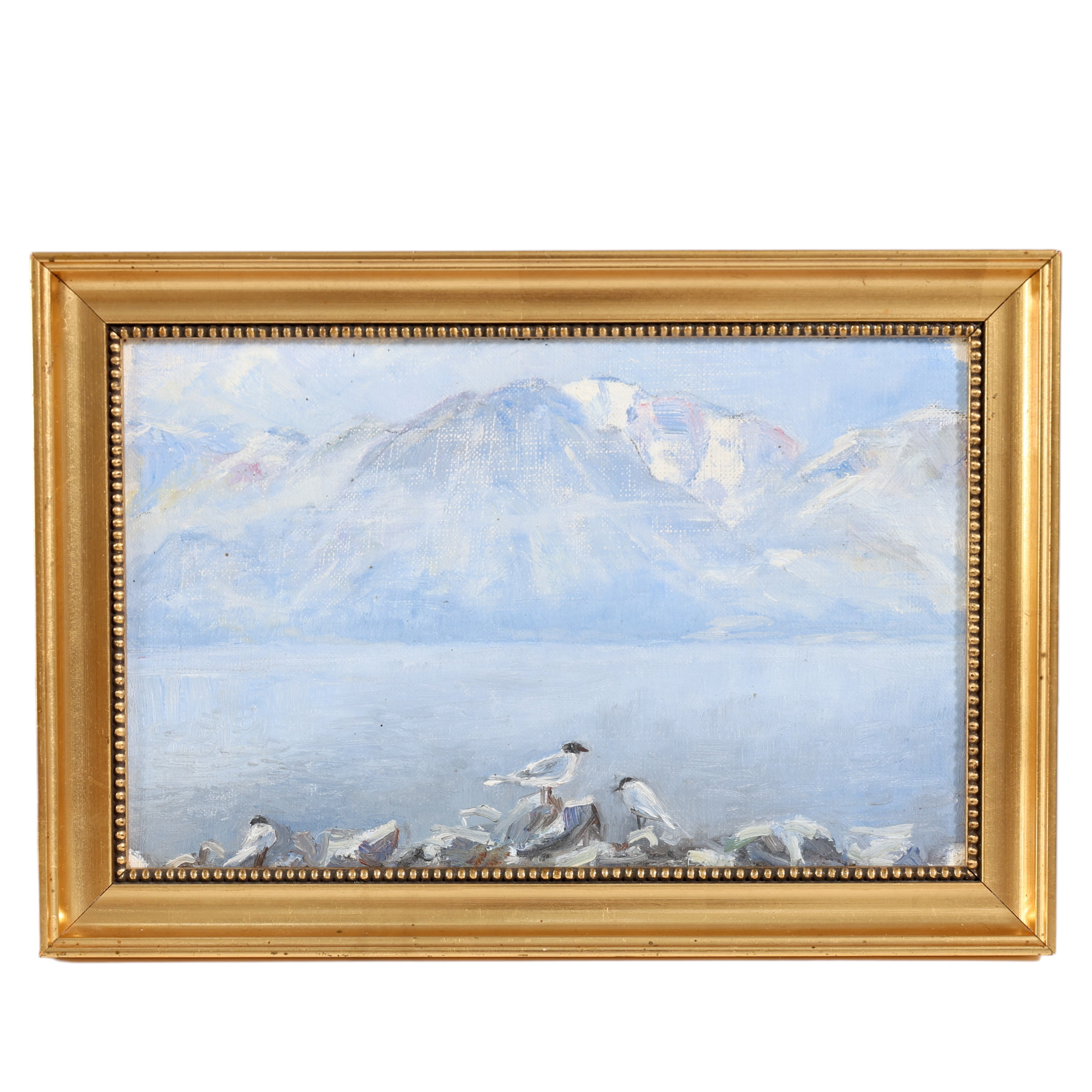 EBBA BÖKLIN. TILLSKRIVEN. Landskap med fjäll och måsar, olja på duk uppklistrad på pannå, daterad a tergo 1932.