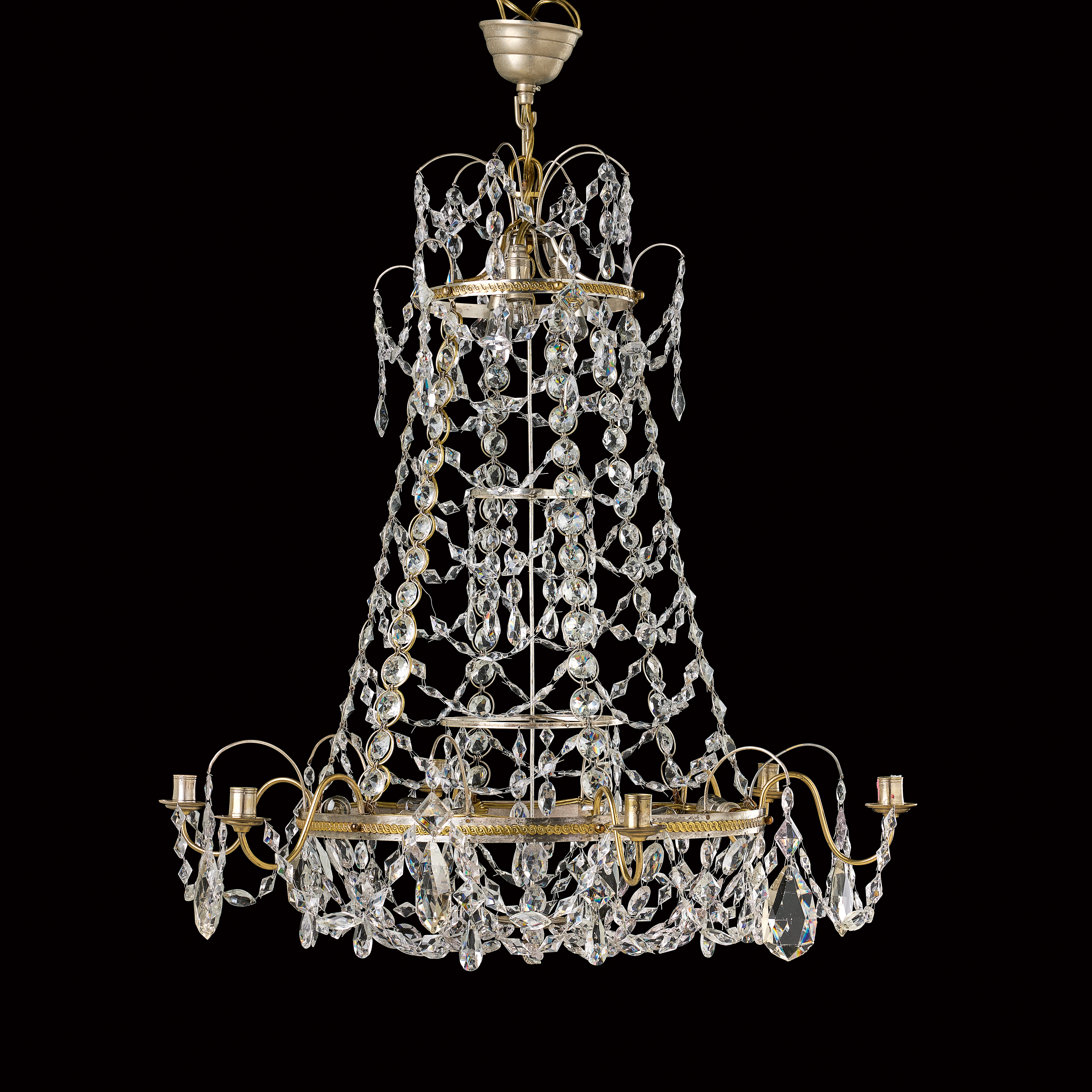 LJUSKRONA, nyklassicistisk, Tyskland 1800-talets början, för sex ljus, delvis försilvrad brons- och mässingsstomme.