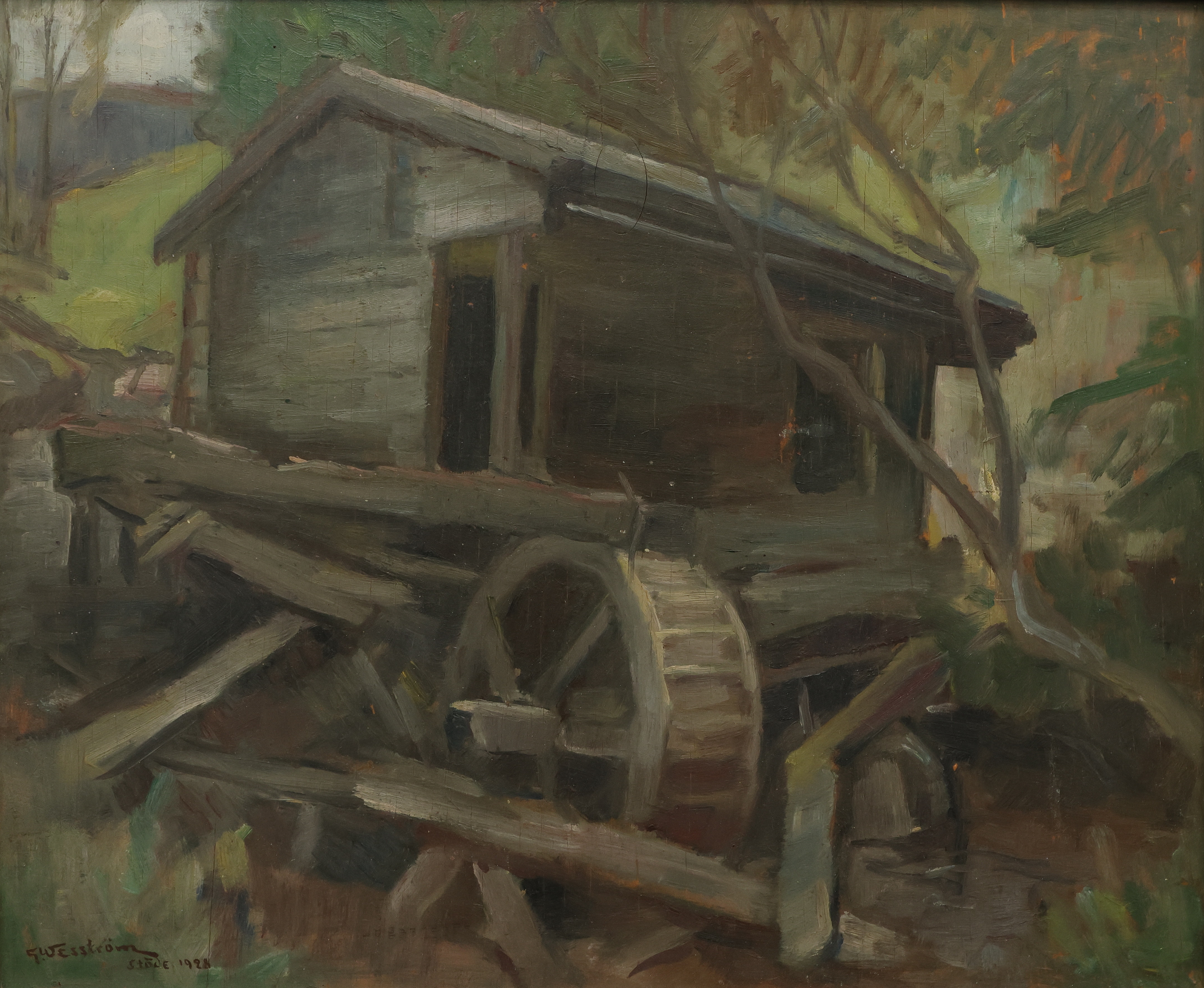 GÖSTA WESSTRÖM. olja på pannå, motiv från Stöde, signerad och daterad 1928.