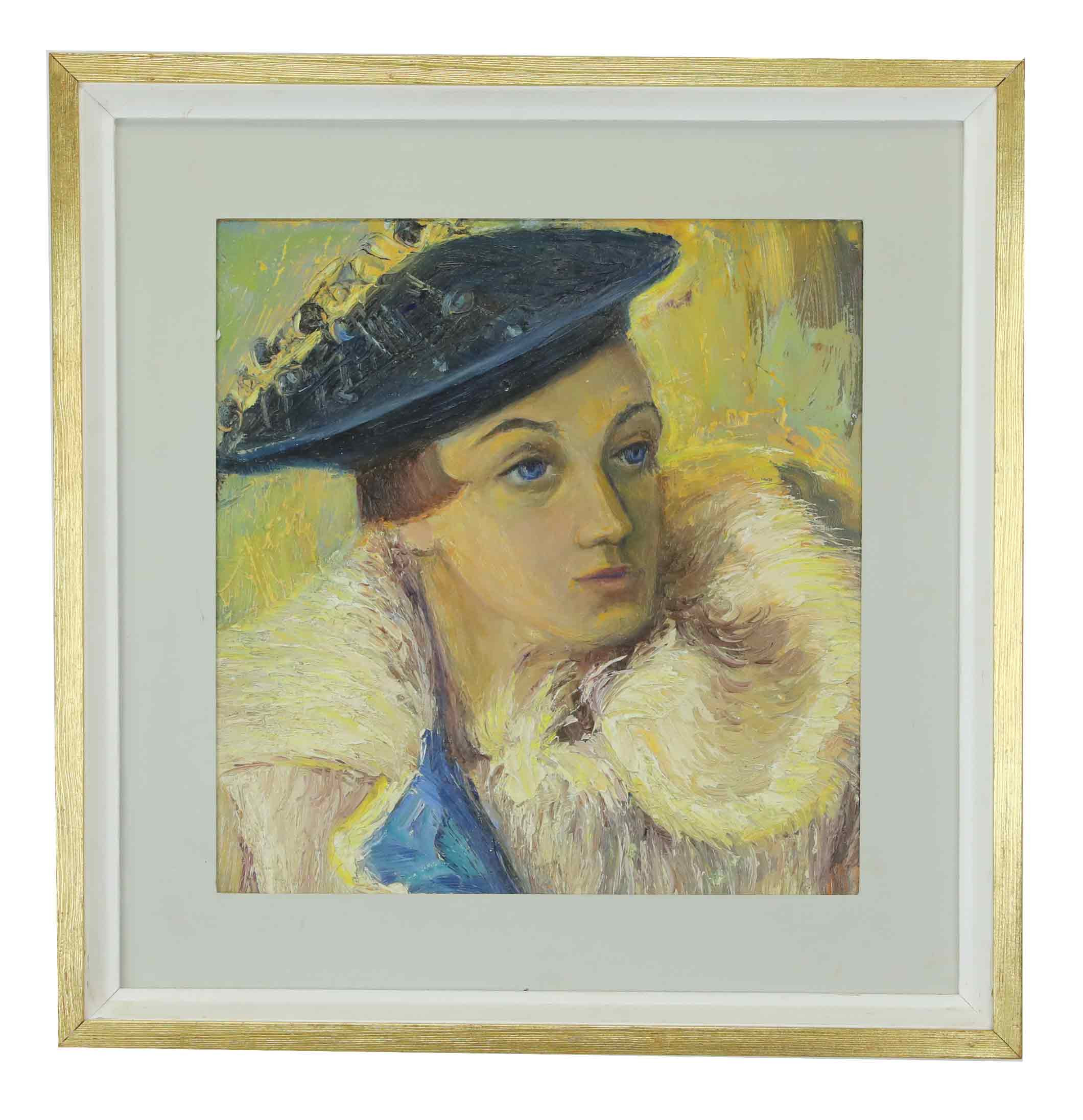 GÖSTA BOHM. Olja på pannå, "Den blå hatten", signerad, daterad 1938.