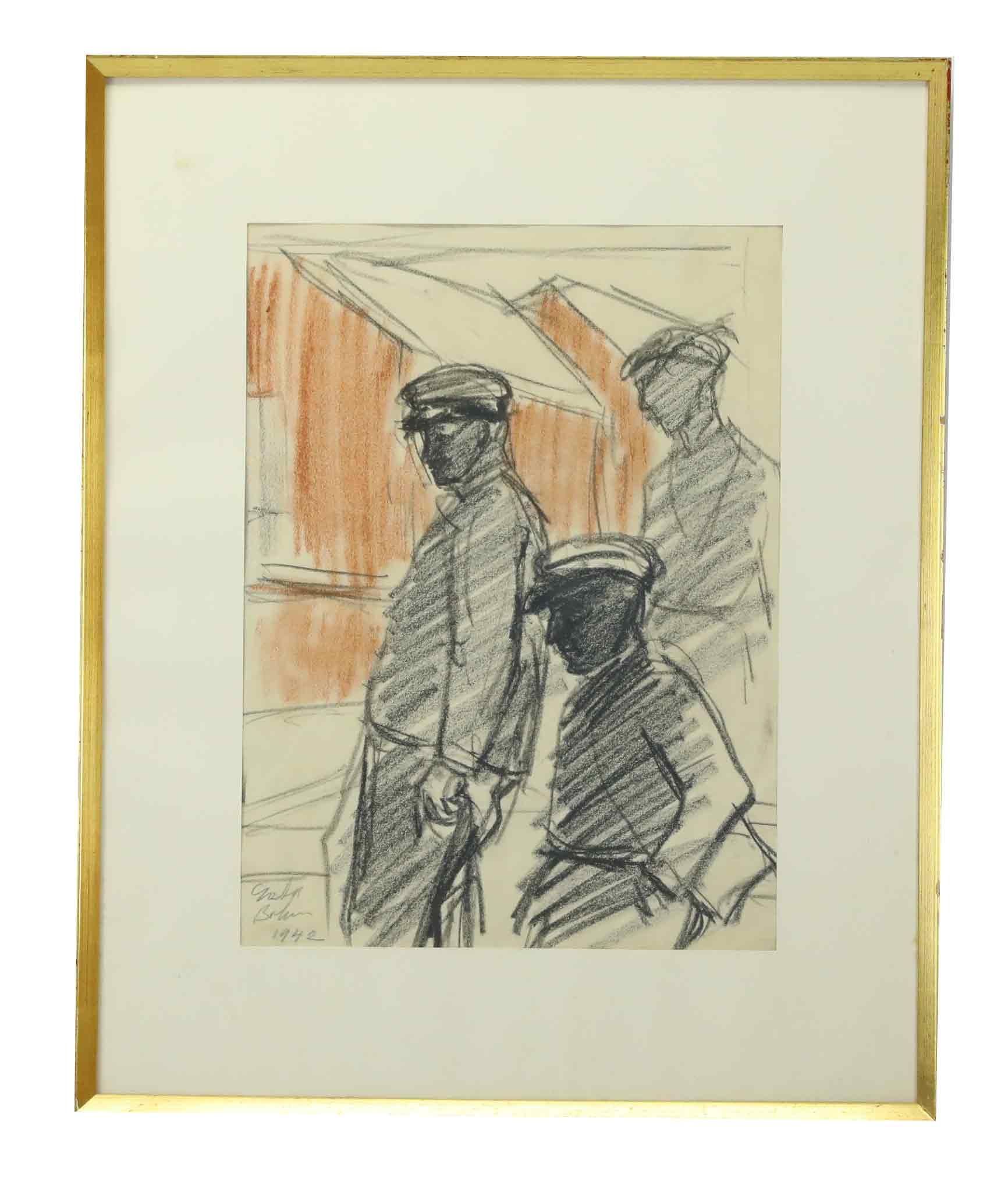 GÖSTA BOHM. krita & blyerts, "Tidig morgon i fiskeläget", signerad, daterad 1942.