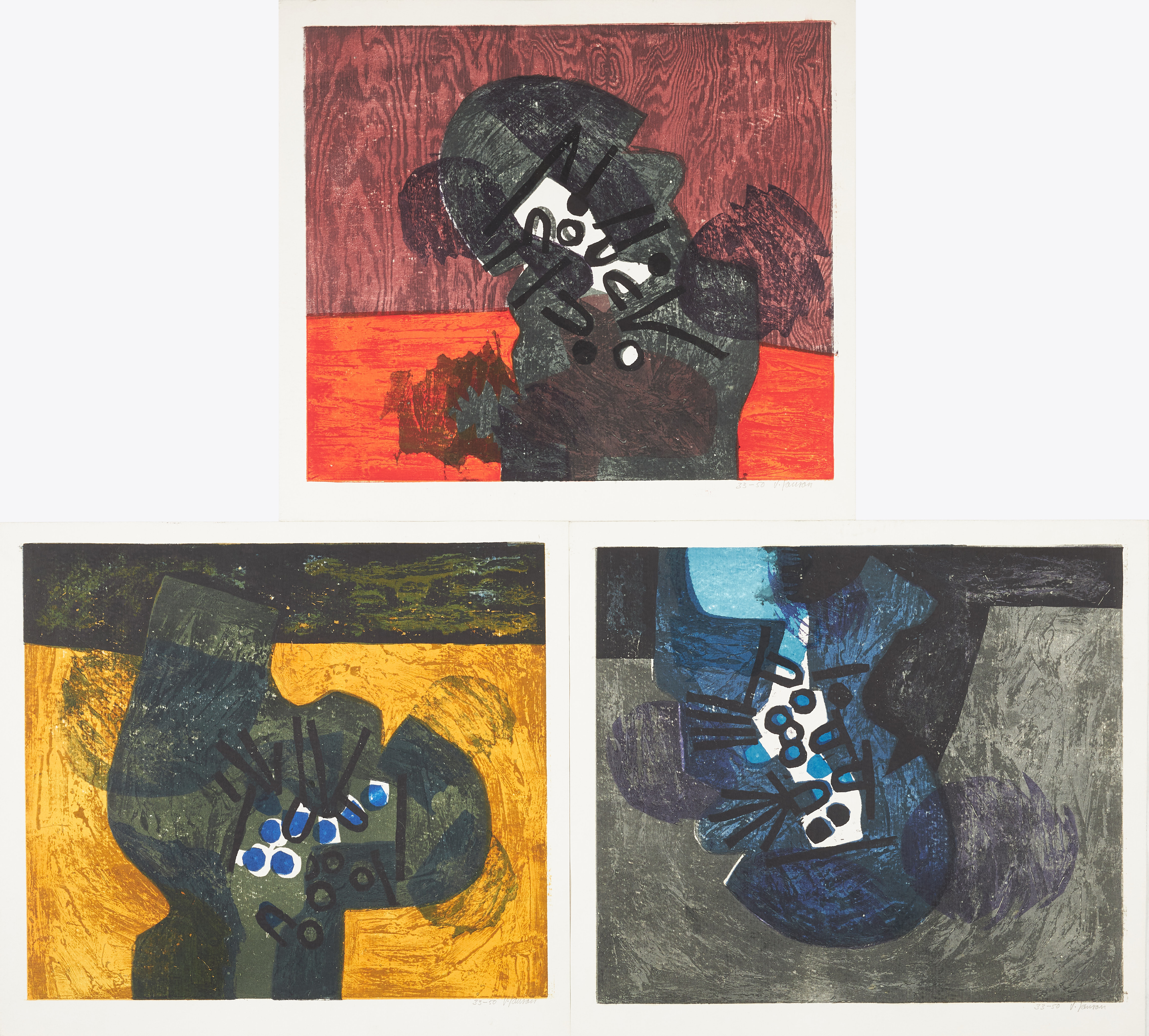 VIDE JANSON (1924-2007). "Knäppkängor", 3 st, grafiska blad, signerade, numrerade 33-50.