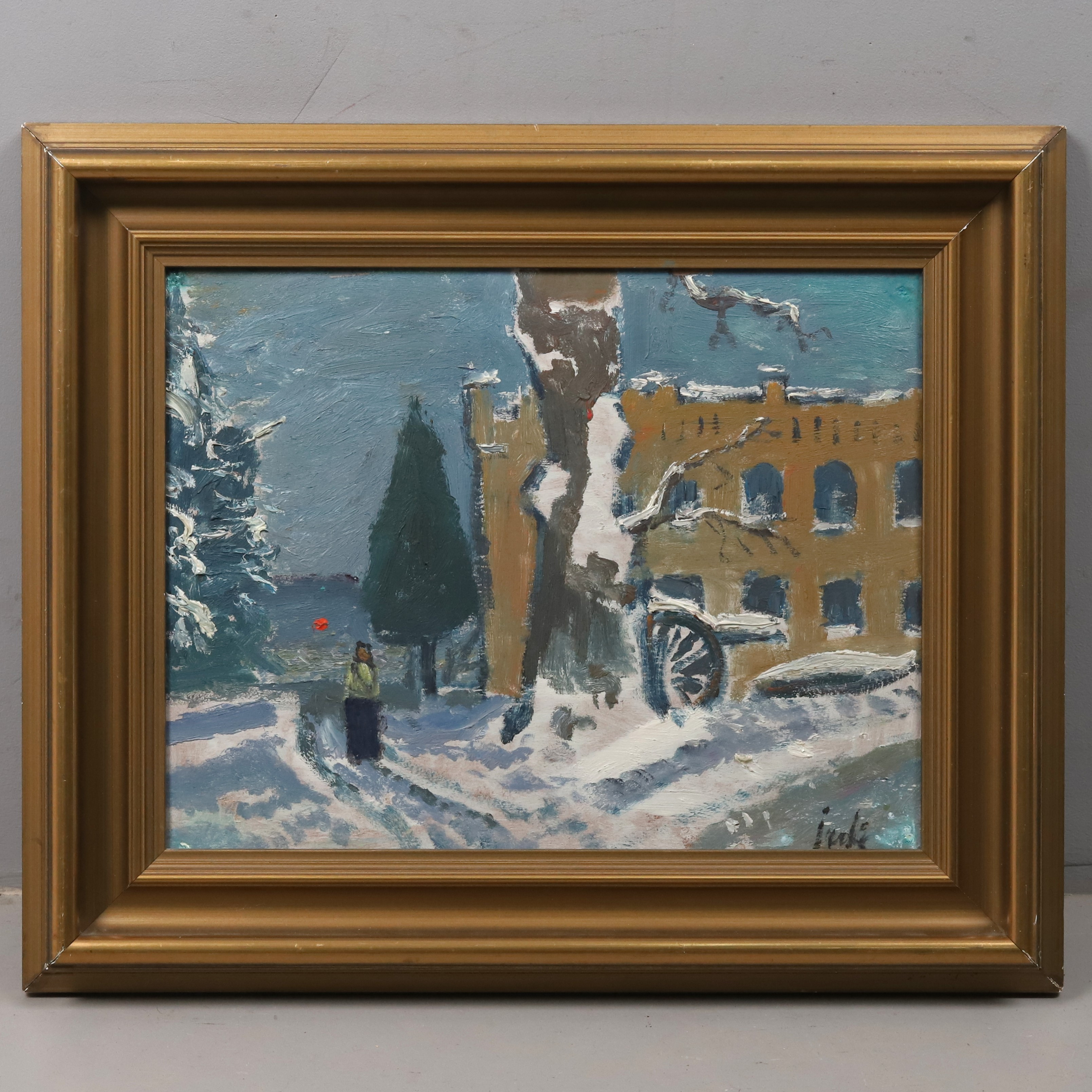 ERIK JERKEN. OLJA PÅ PANNÅ, "Stadsmotiv i vintertid", signerad.