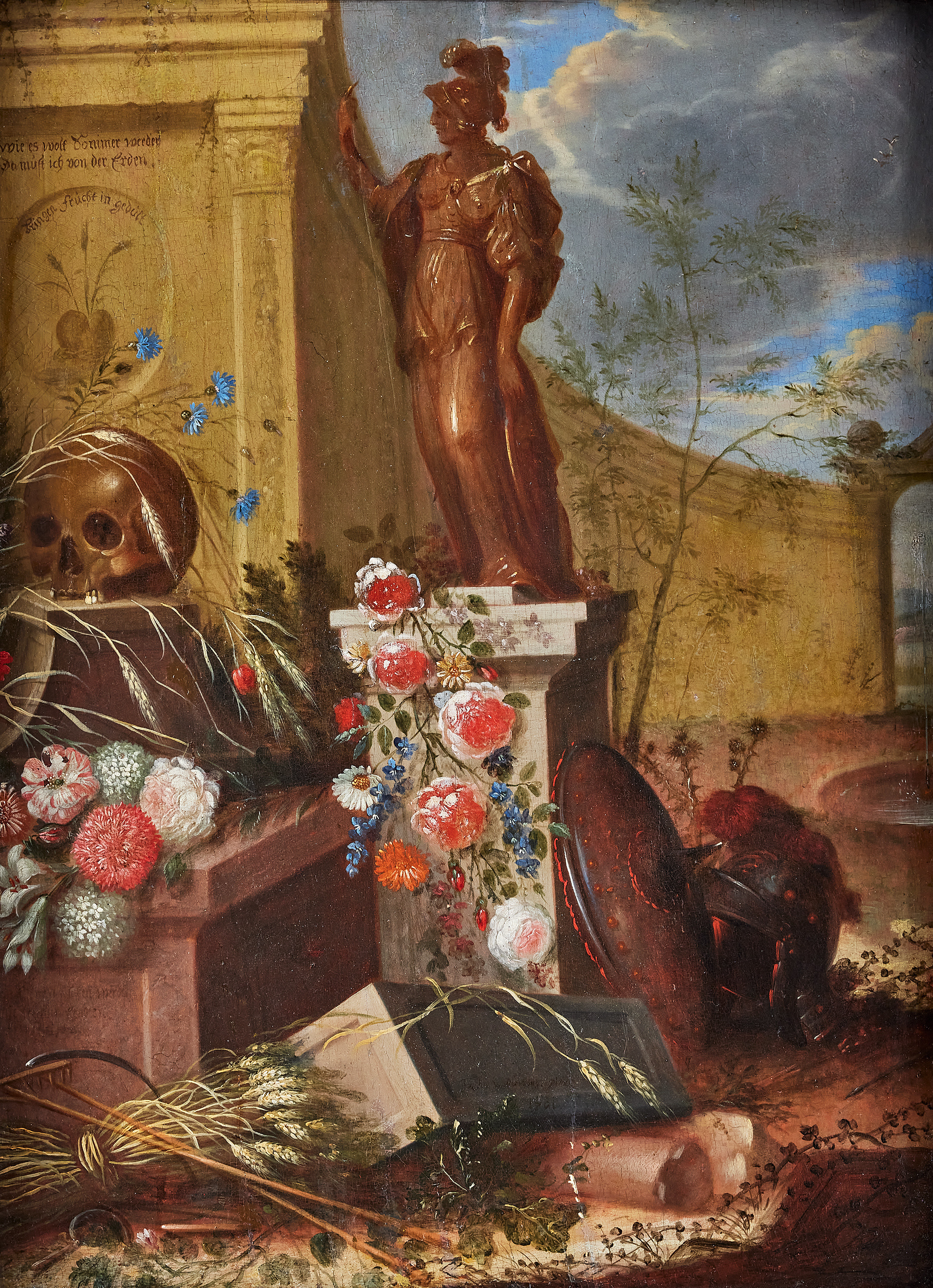 JOHANN ANDREAS VON DÜWENS (GERMANY ?-1716). Vanitas still life with a statue of Pallas Athena, an arched palace wing, a sheaf of wheat and flowers.