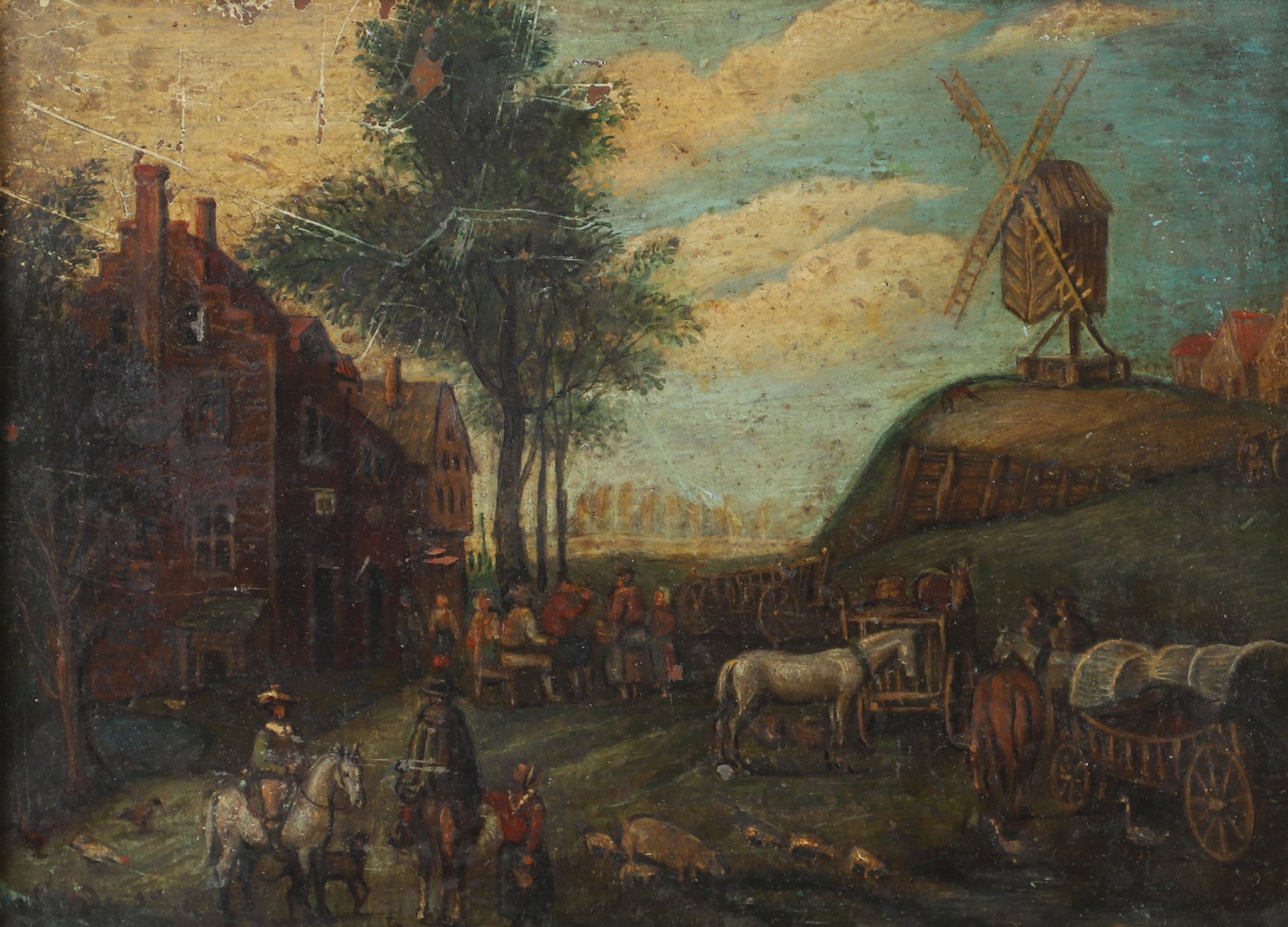 OIDENTIFIERAD KONSTNÄR. Byliv, olja på pannå, otydligt signerad, 1800-tal.