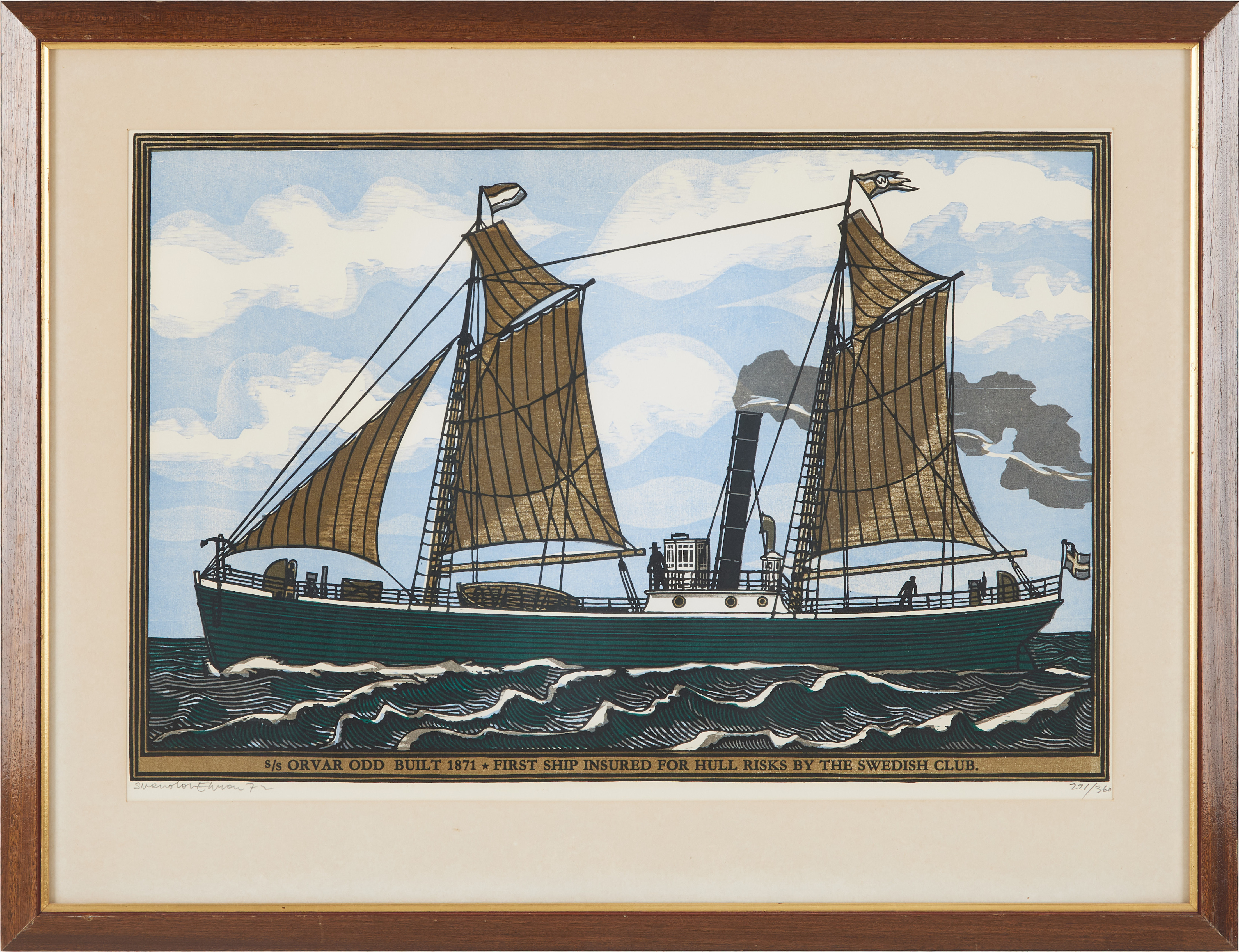 SVENOLOV EHRÉN (1927-2004). "S/S Orvar Odd, färgträsnitt.