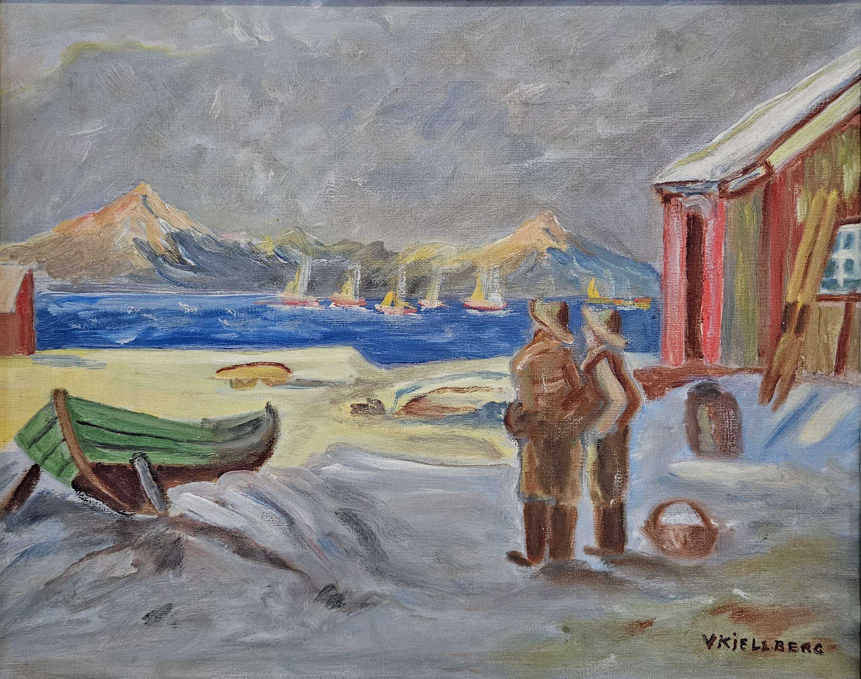 OIDENTIFIERAD KONSTNÄR. Spejande fiskegubbar. Olja på duk, signerad V Kjellberg.