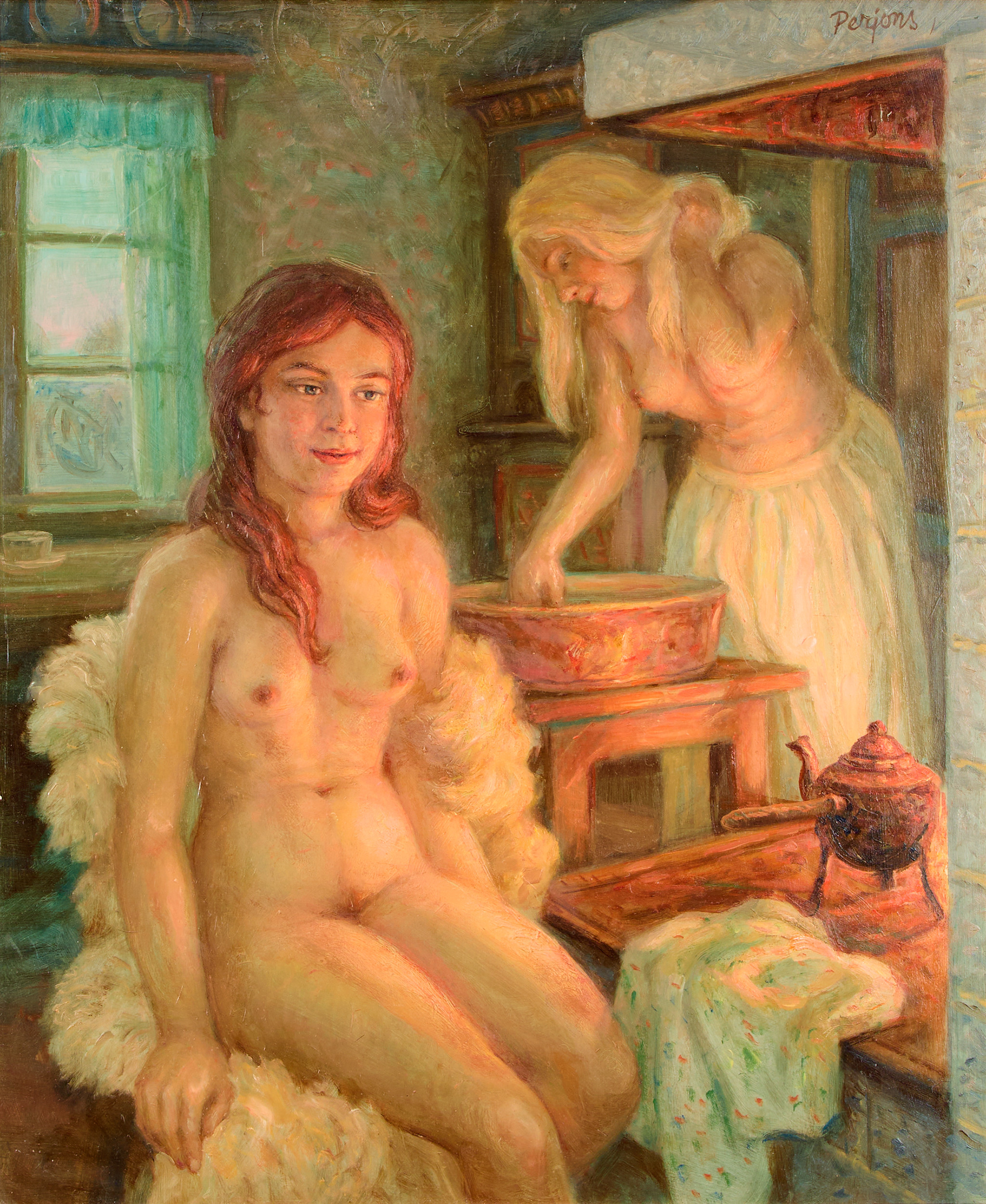 PER-HILDING PERJONS (1911-1998). Olja på pannå, rumsinteriör med kvinnor, signerad Perjons.