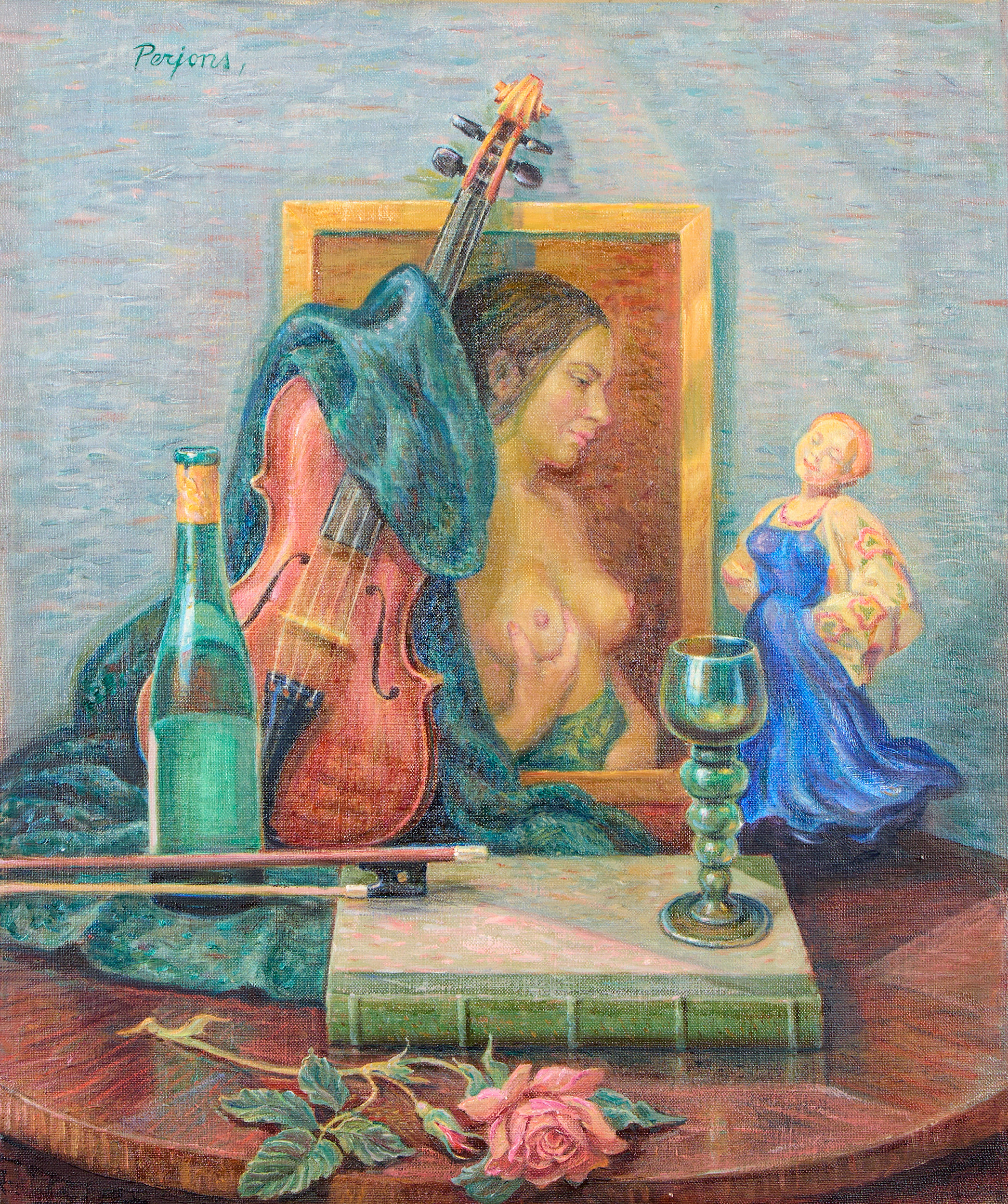 PER-HILDING PERJONS (1911-1998). Olja på duk, stilleben med nakenstudie, signerad Perjons.