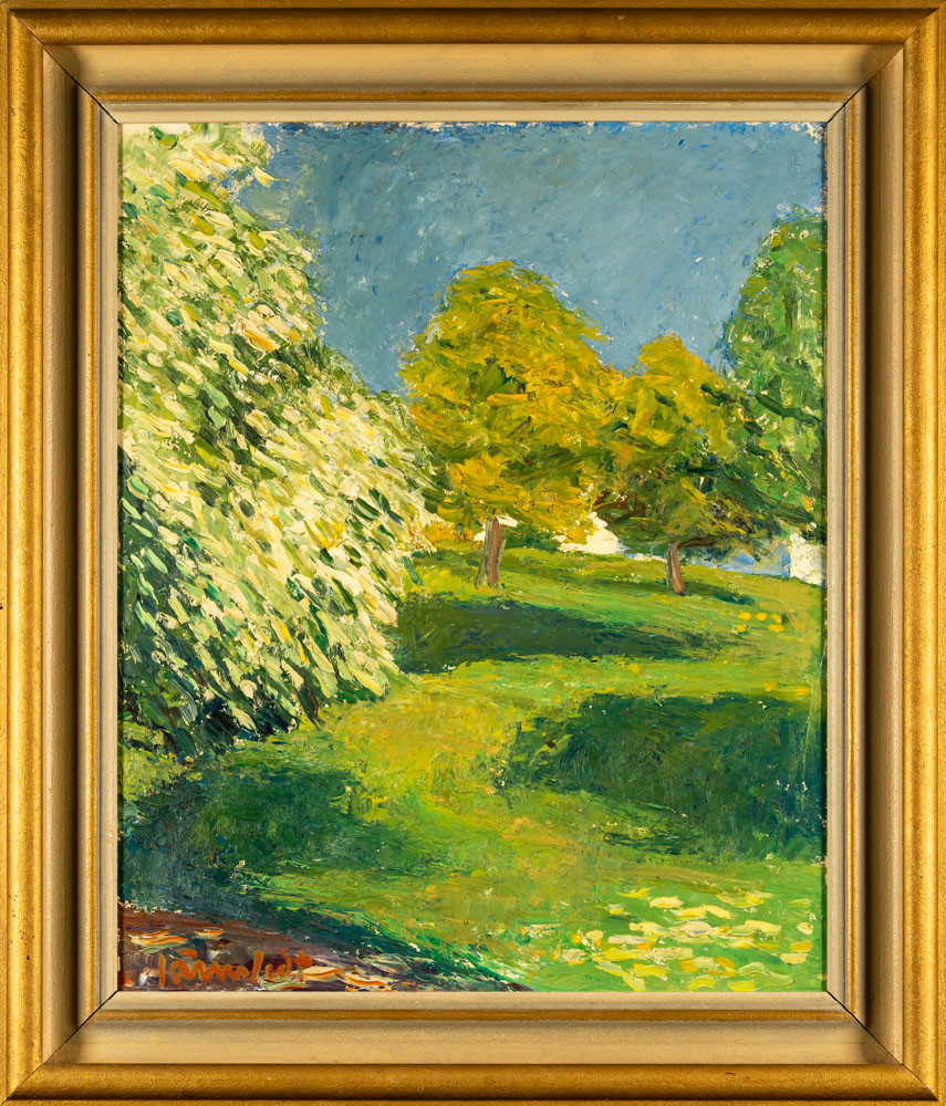 OIDENTIFIERAD KONSTNÄR. Olja på pannå, Signerad, motiv sommarlandskap, numrerad 3-30.
