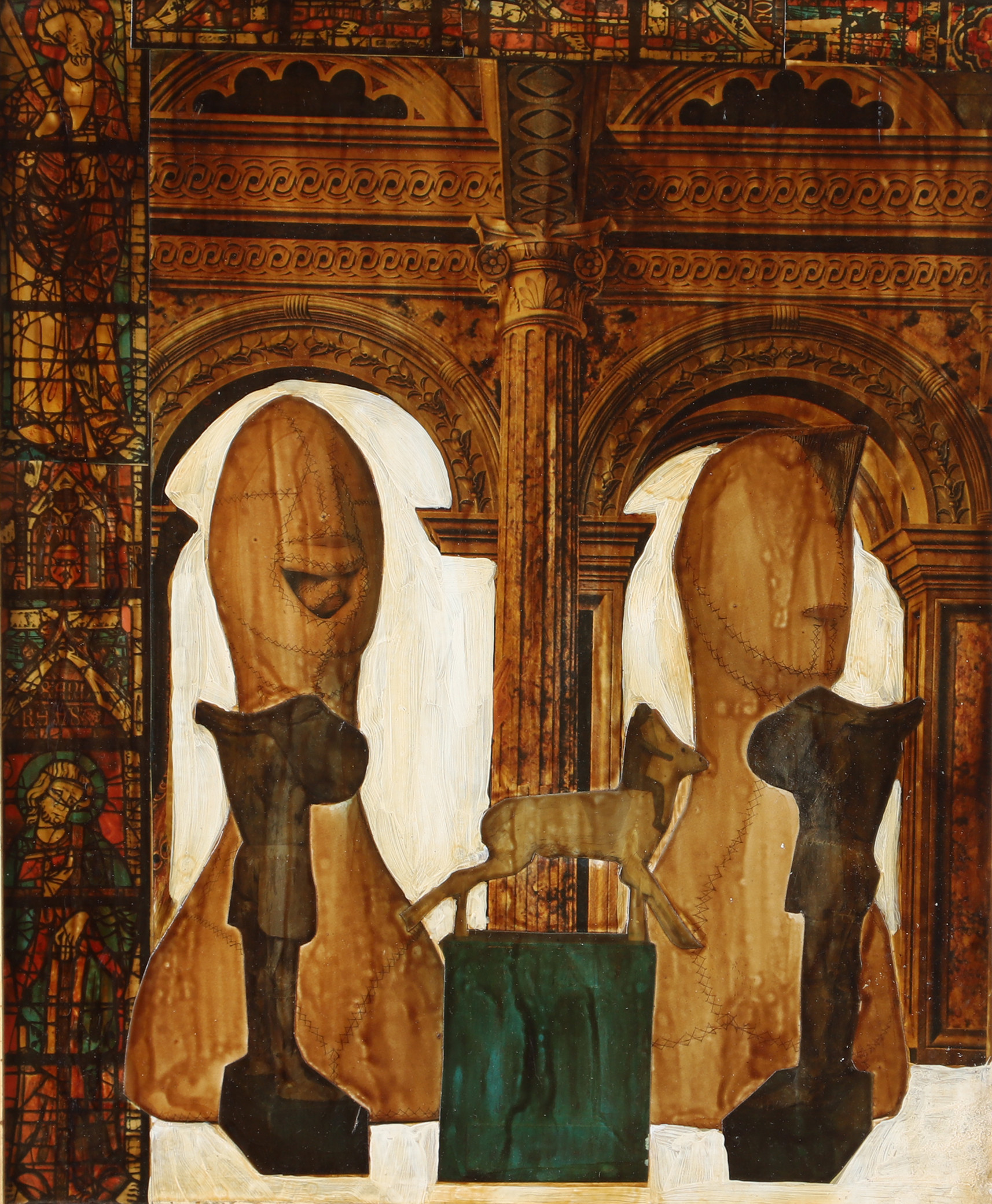 OIDENT. "Hjorten med väktare", blandteknik, otydligt signerad ad Tergo, 1996.