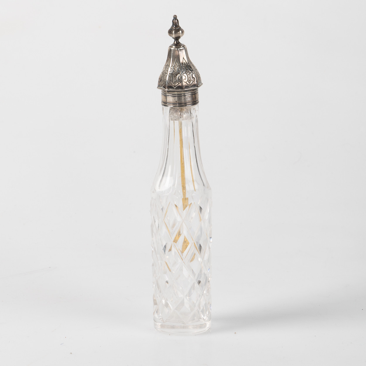 HAWKESWORTH, EYRE & CO, flaska för cayennepeppar, glas, silvermontage, stämplat Sheffield 1873.