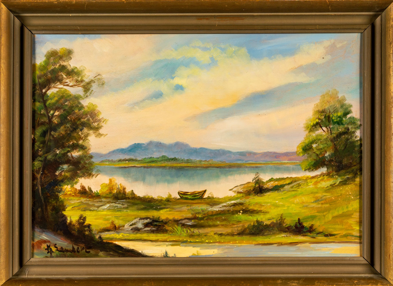 OIDENTIFIERAD KONSTNÄR. Olja på plannå, Signerad k.sambert, motiv sjö vid fjällen.