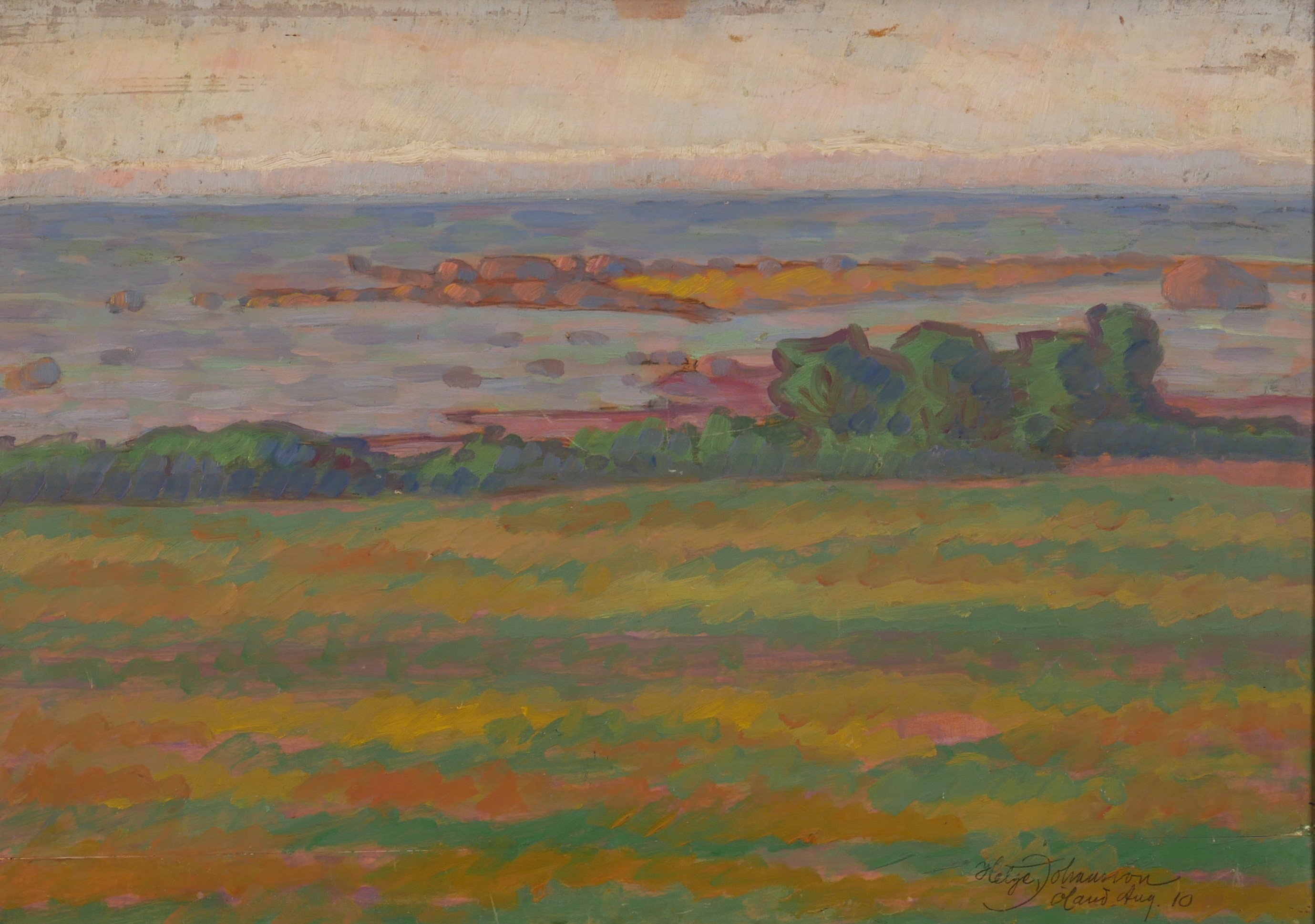 HELGE JOHANSSON. "Öland Aug 10", med dedikation Arthur Percy, olja på platta, signerad Helge Johansson.