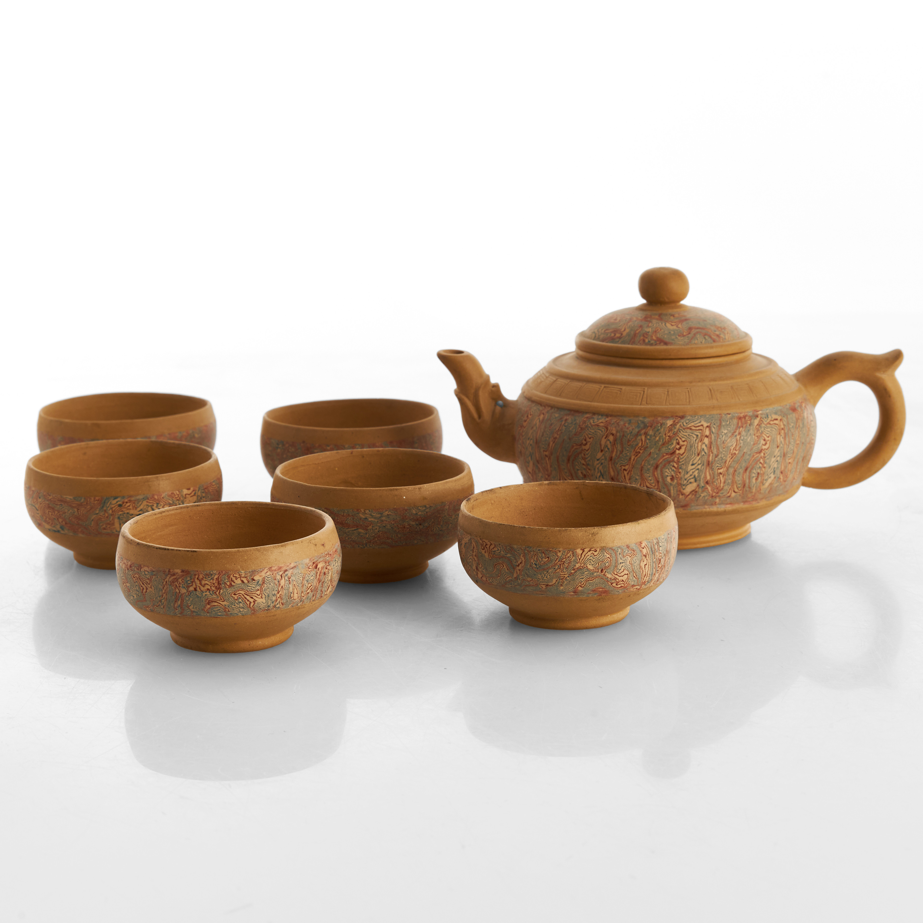TEKANNA + KOPPAR (6 st), keramik, Kina, Yixingliknande gods "Purple clay", modern tillverkning.