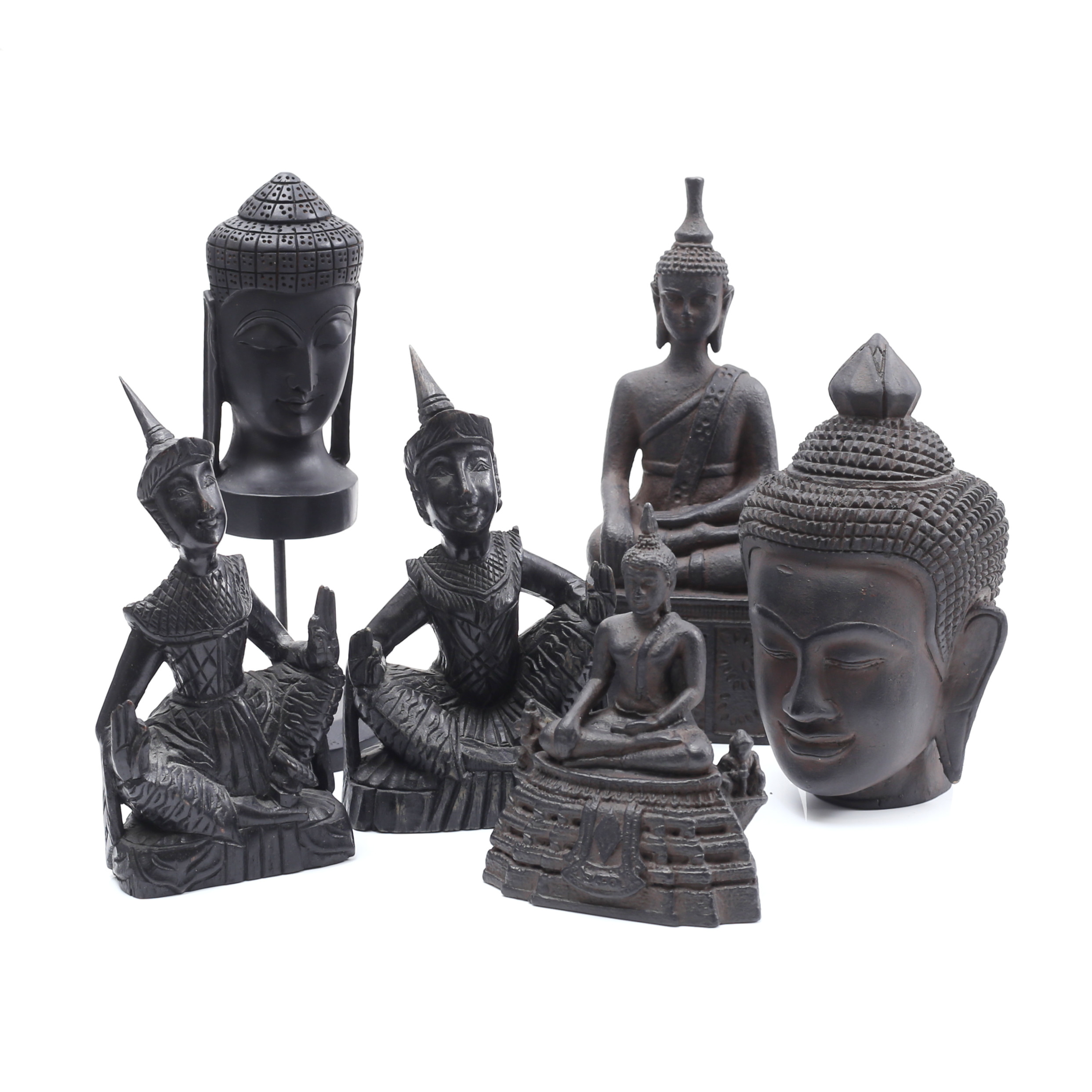 SKULPTURER 6 st, Buddha, konstmassa/trä.