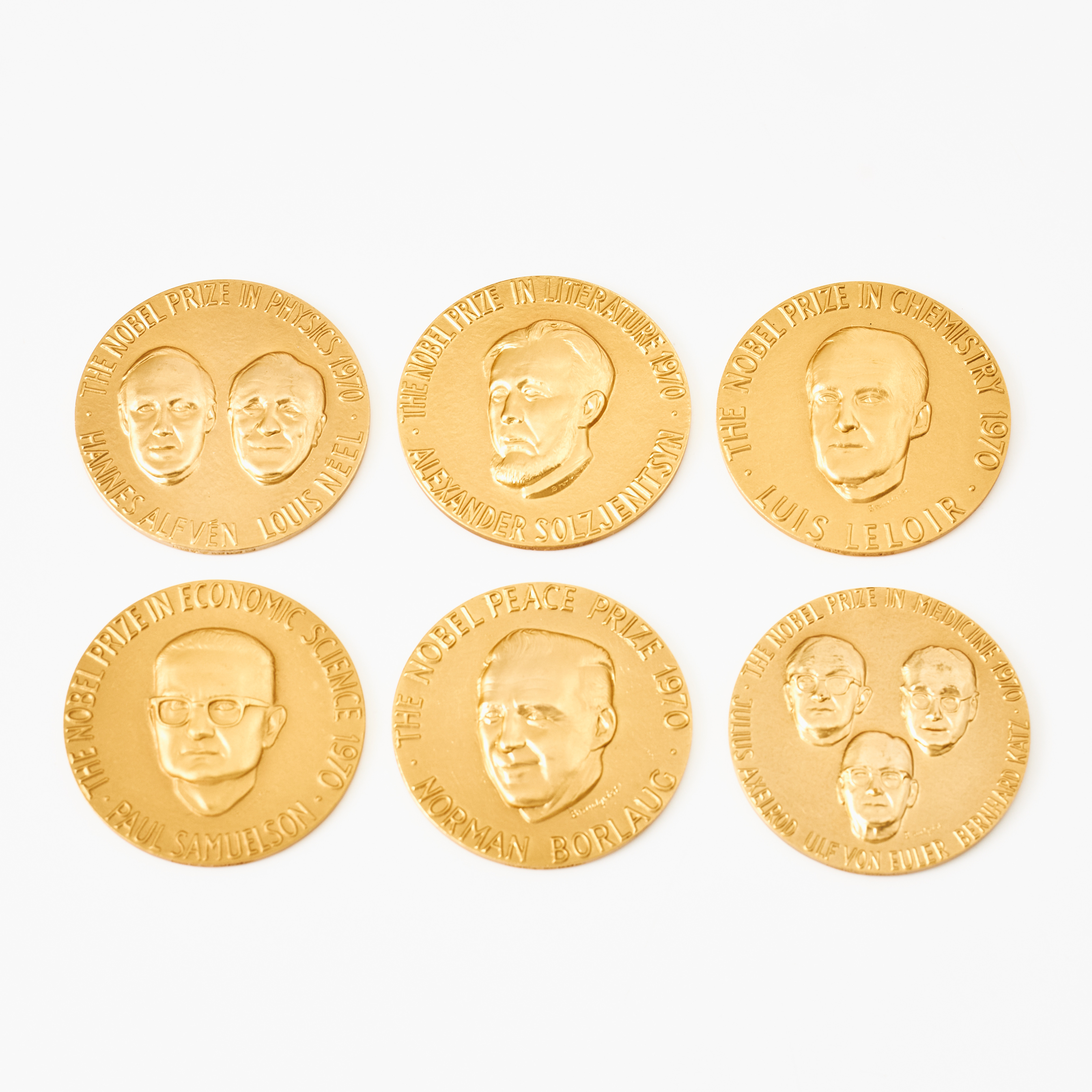 MEDALJER, 6 st., 18 k guld, "1970 års Nobelpristagare", Nobel Laureates, skulptör Olle Brandquist, nr 102, nyprägling sker ej, Sporrong AB, Norrtälje 1971.