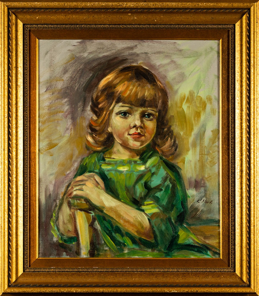 OIDENTIFIERAD KONSTNÄR. Olja på duk, Signerad R Mark, motiv liten flicka.