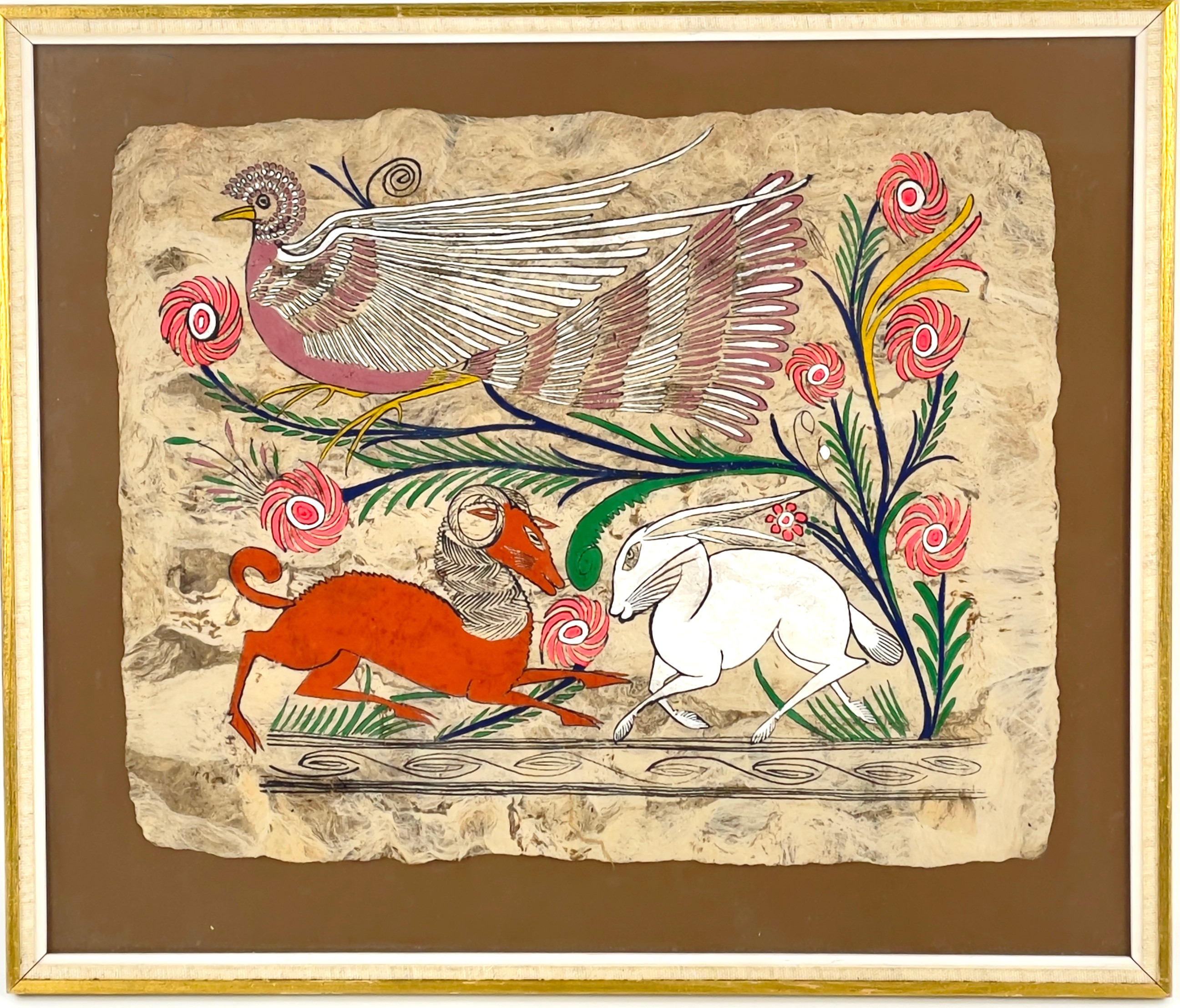 OKÄND KONSTNÄR. Gouache på amate, djurmotiv, Mexiko.