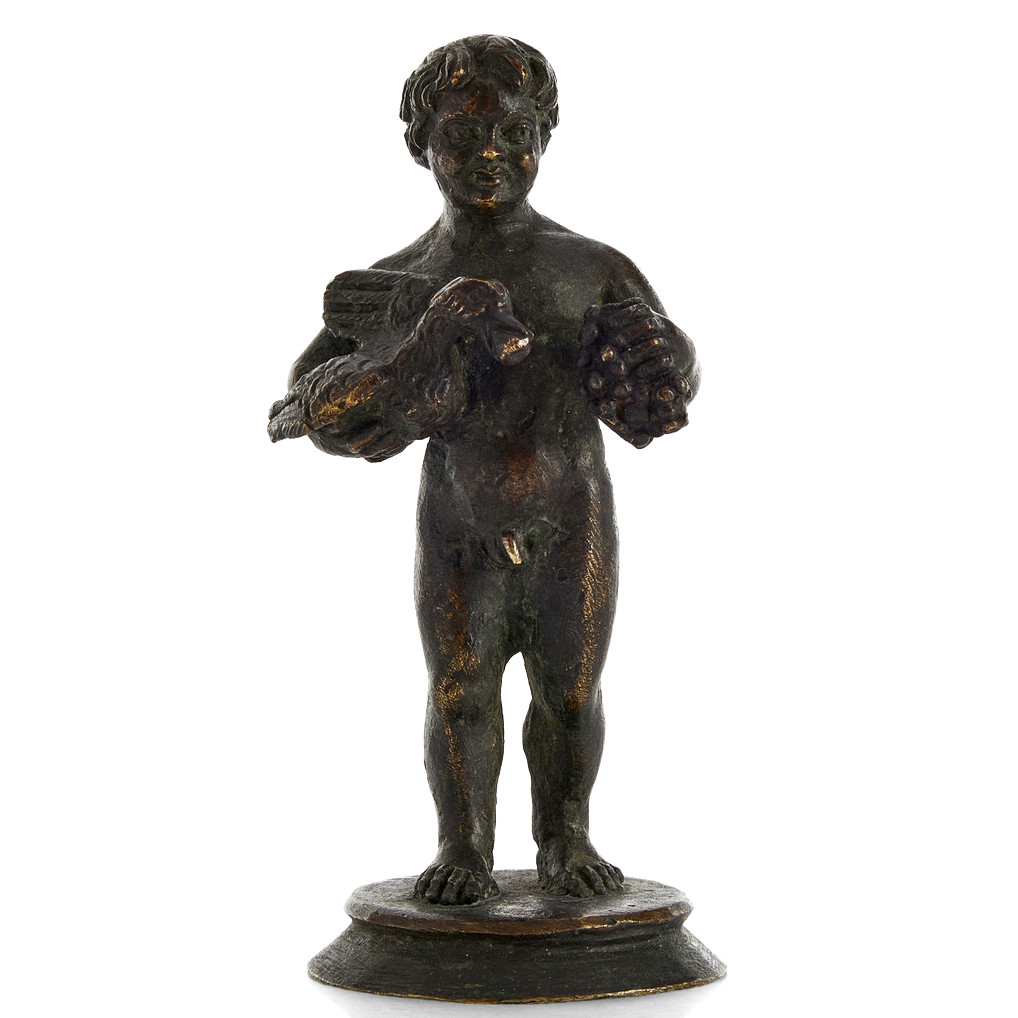 SKULPTUR, i form av putto, patinerad brons, 18/1900-tal.