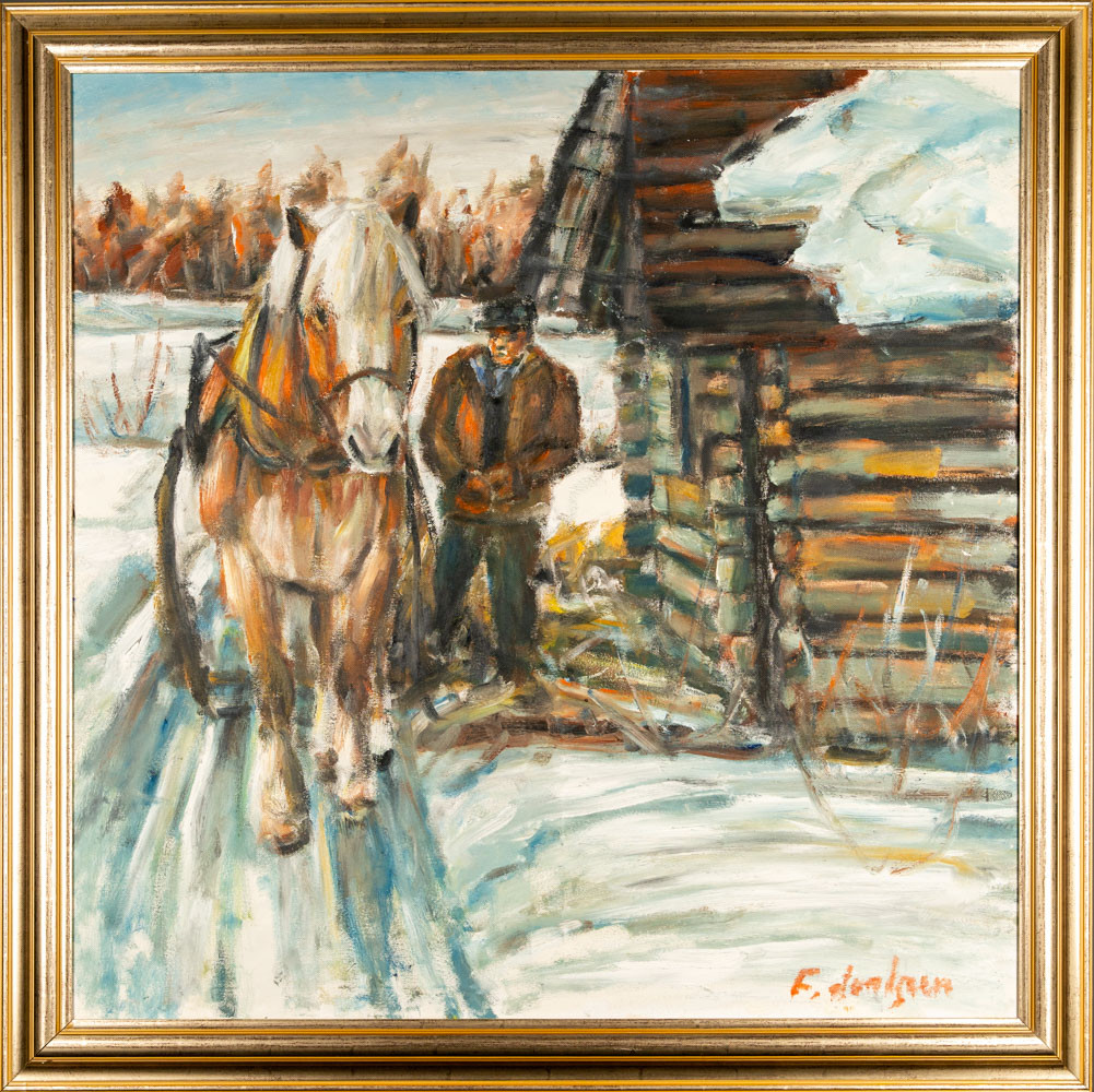 FRED LUNDGREN. Olja på duk, Figur med häst, Signerad.