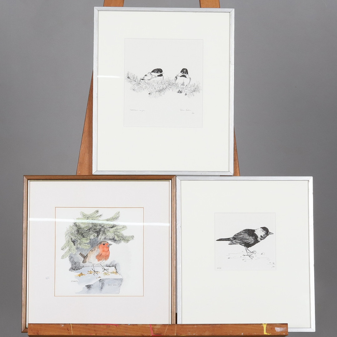 OIDENTIFIERAD KONSTNÄR. TUSCH/BLANDTEKNIK, 3 st, fågelmotiv, signerade "Göran K".