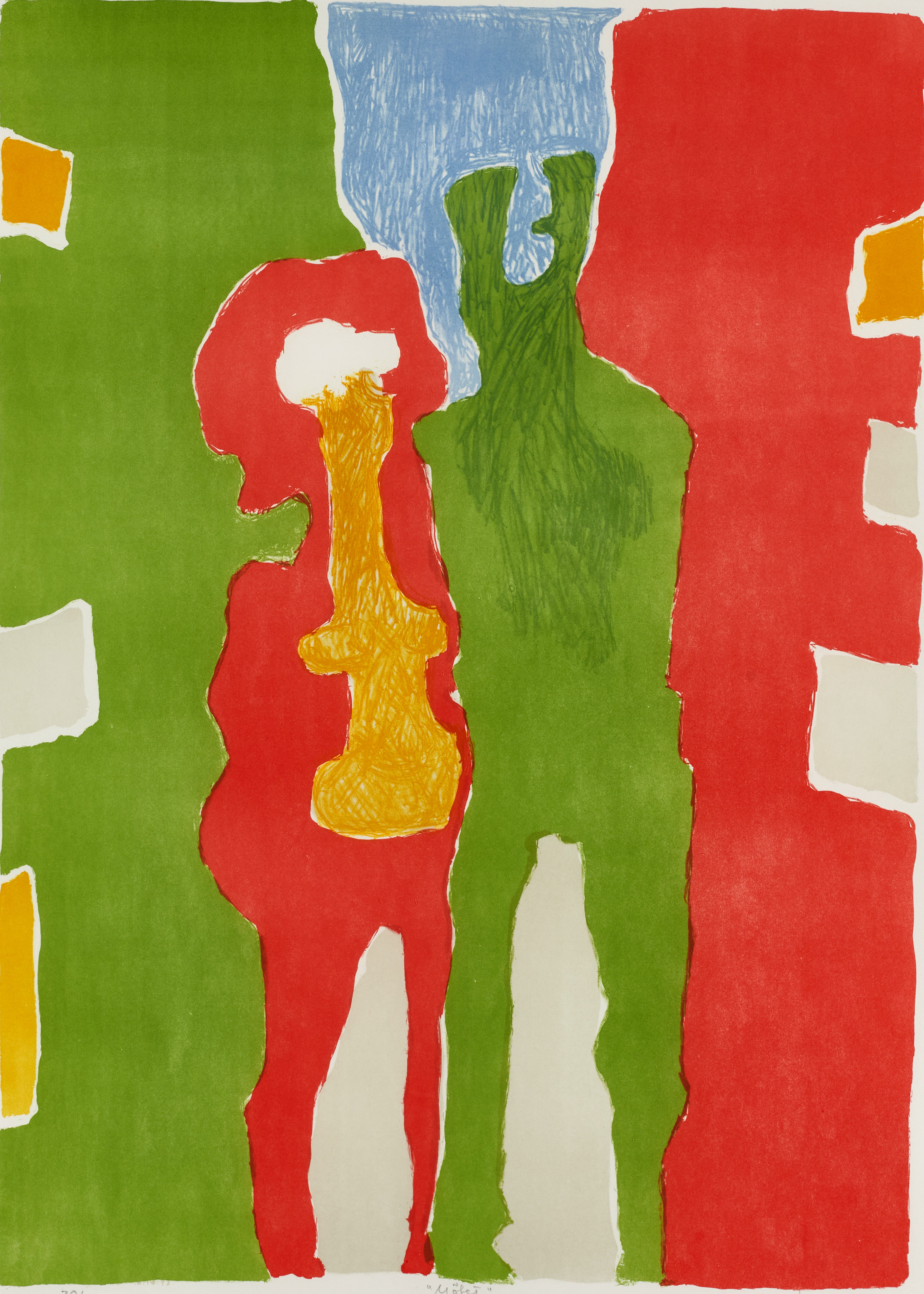 MAX BILDE  (1919-2011). "MÖTET", signerad och daterad Bilde 1973, numrerad 38/60, färglitografi.