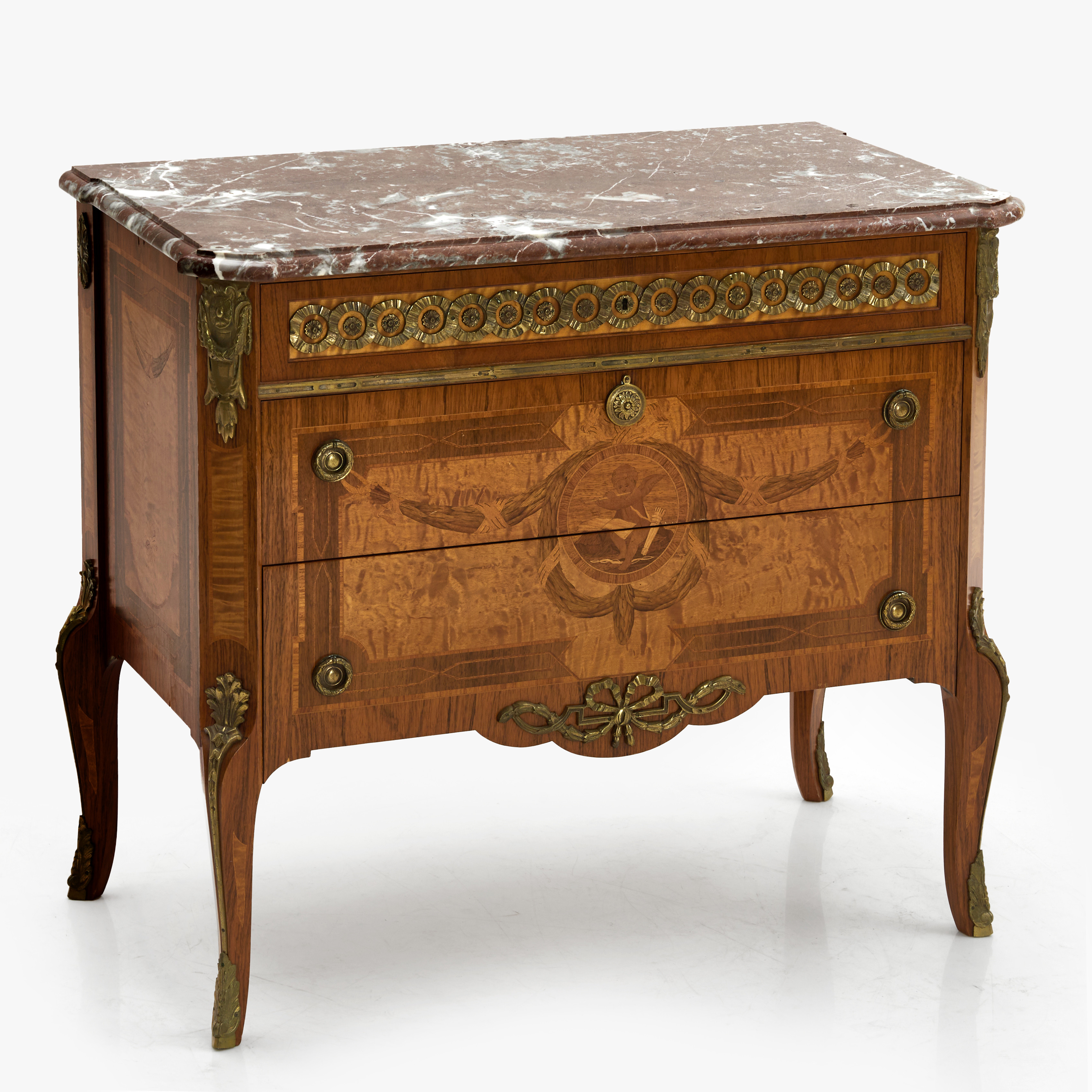 BYRÅ, med stenskiva, gustaviansk stil, intarsiadekor.