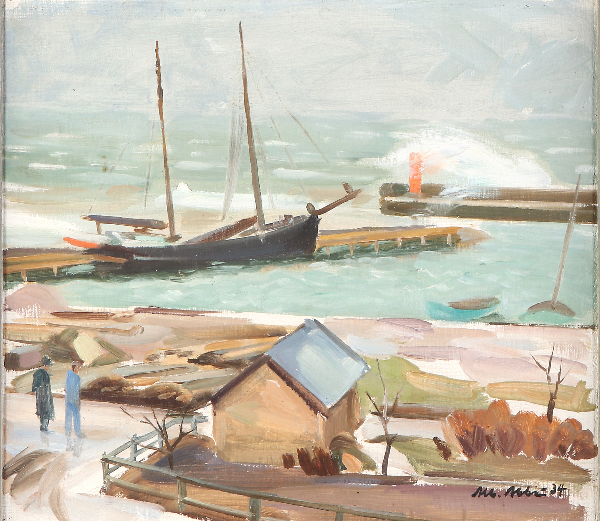 ALBERT ABBE. Oljemålning på duk, uppfodrad på pannå. Hamnmotiv. Signerad och daterad -34.
