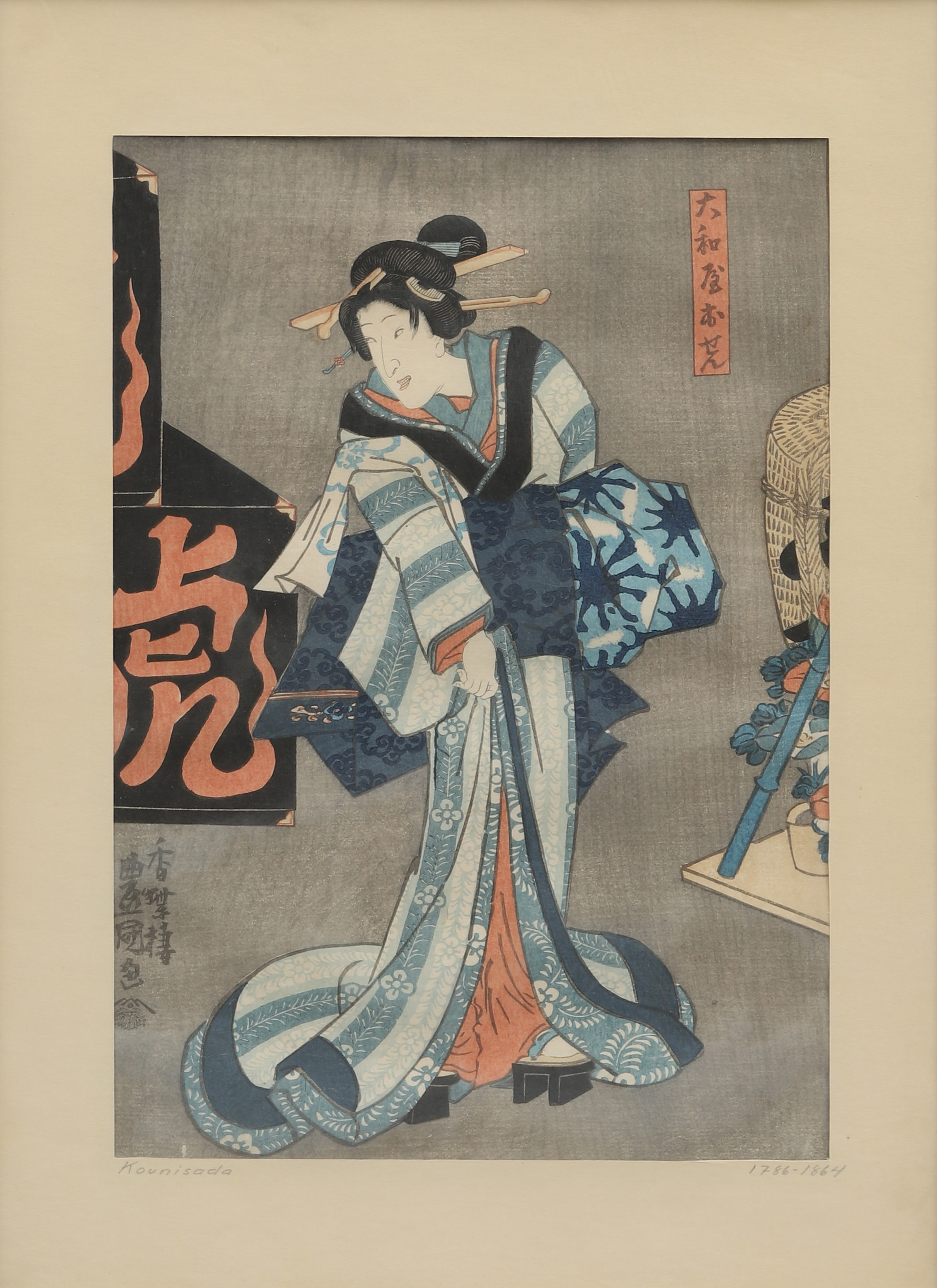 UTAGAWA KUNISADA (1786-1865), "TOYOKUNI III". TRÄSNITT, UKIYO-E. Kabukiscen med kvinna. Japan.