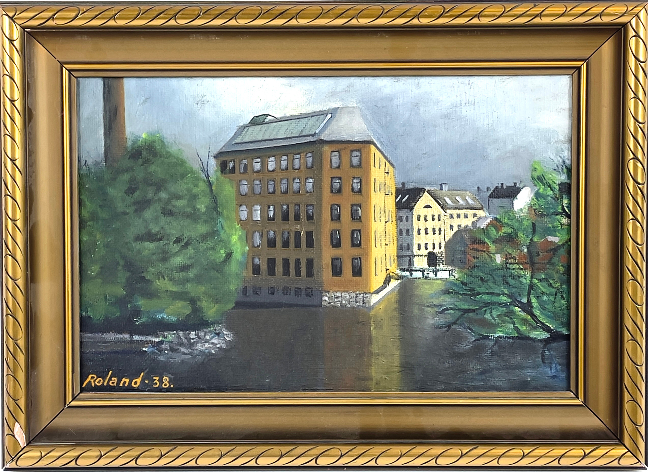 OIDENTIFIERAD KONSTNÄR, olja på pannå, "Strykjärnet", motiv från Norrköping, signerad Roland samt daterad -38.