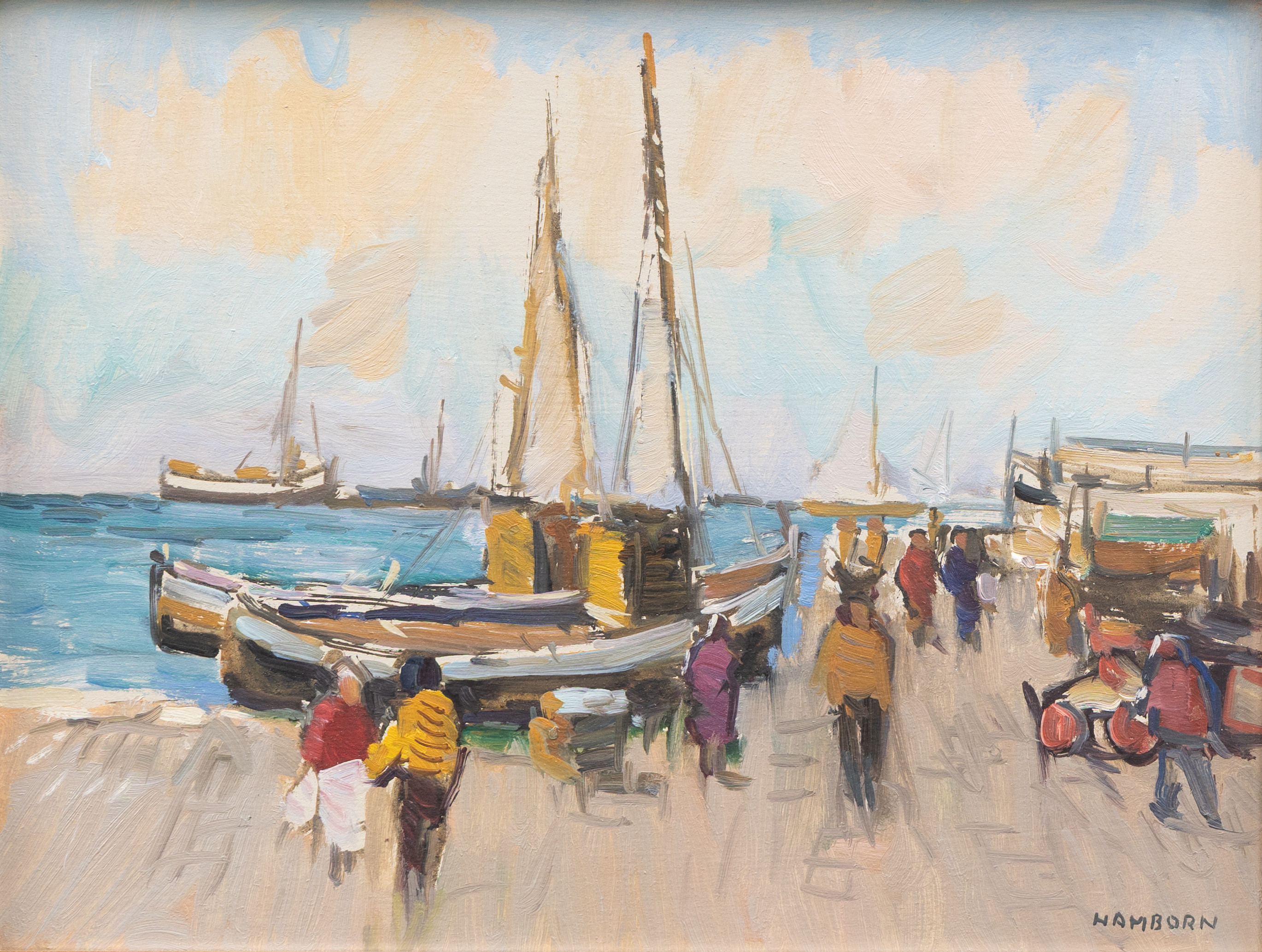 AXEL HAMBORN. "Fiskehamnen", olja på pannå, signerad.
