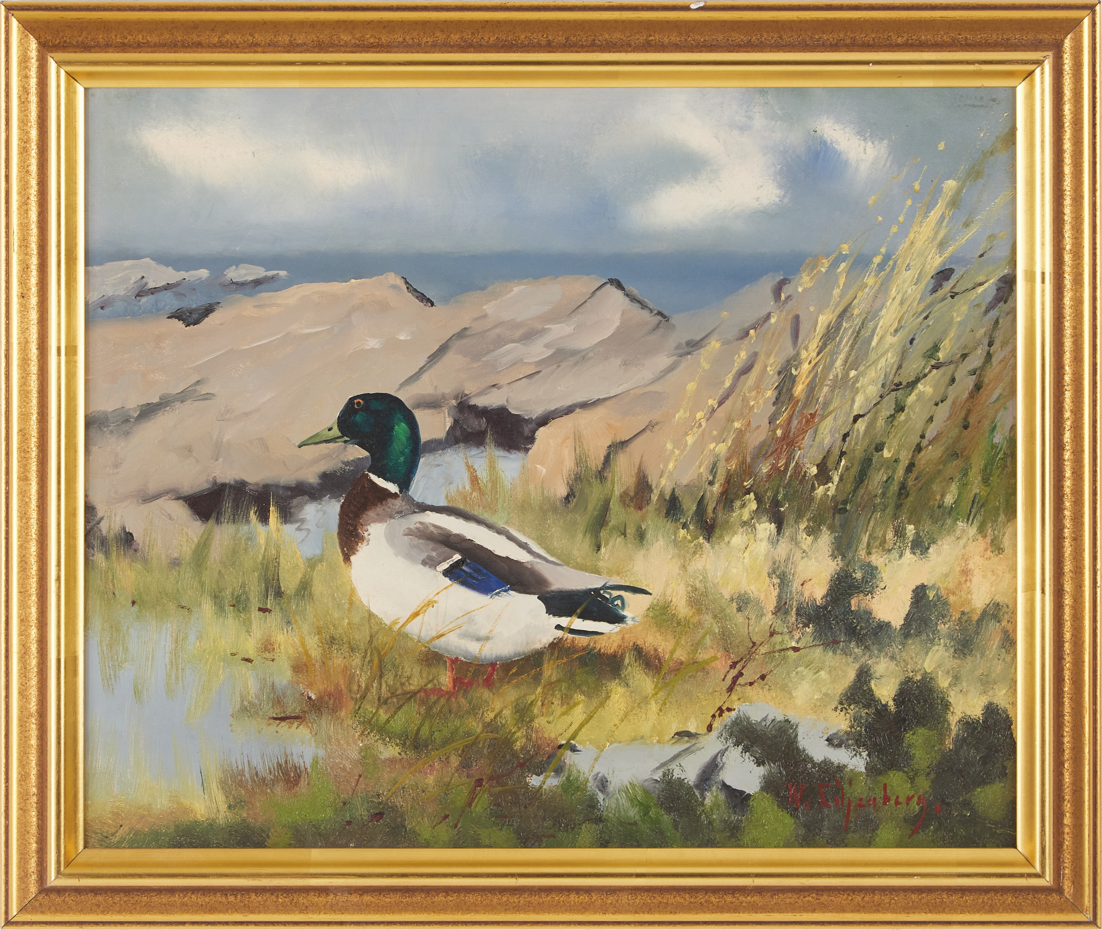 WALTER LILJENBERG (1917–1984). Kustbild med and, olja på duk.