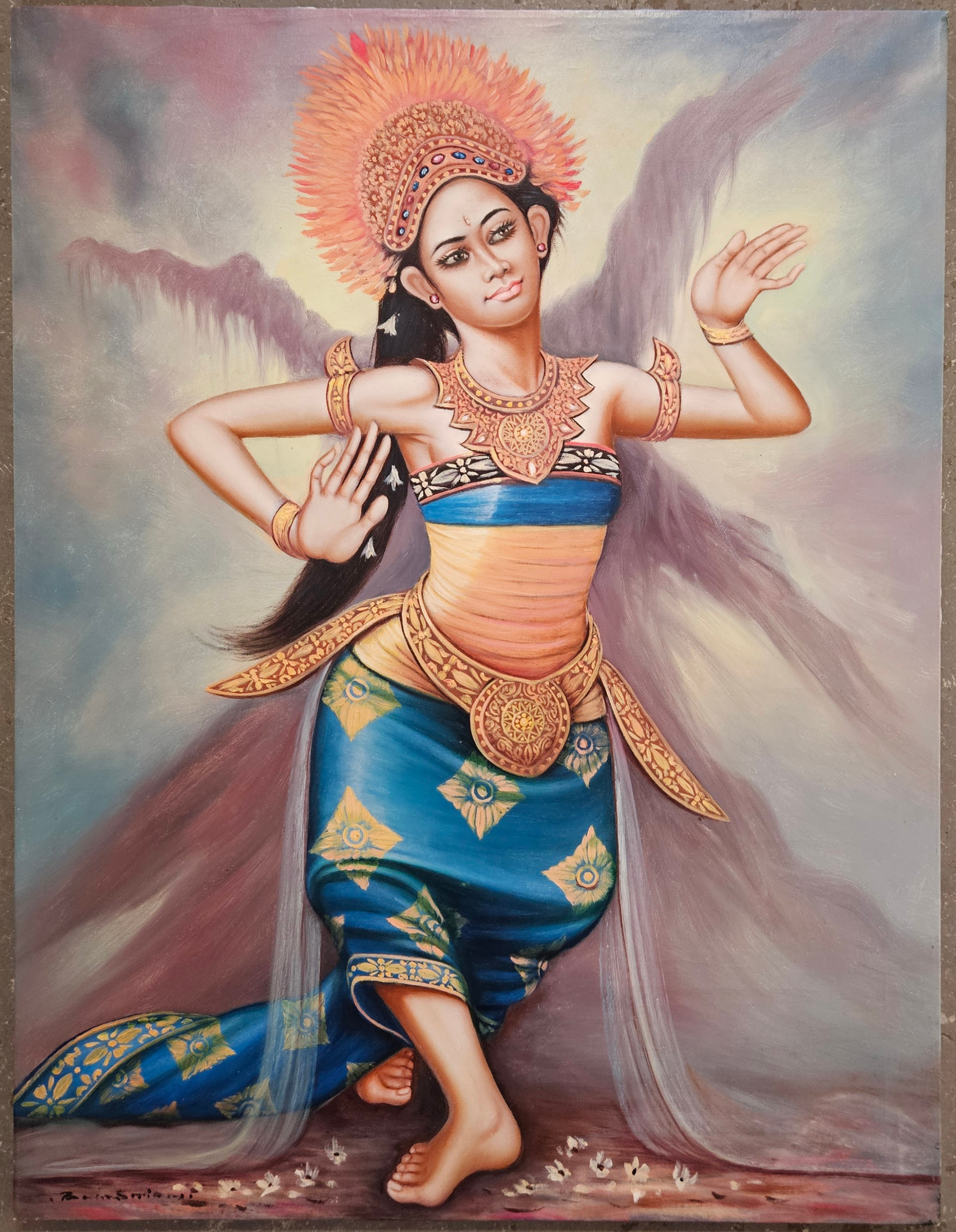 OIDENTIFIERAD KONSTNÄR. Balinesisk dansös. Blandteknik, otydligt signerad.