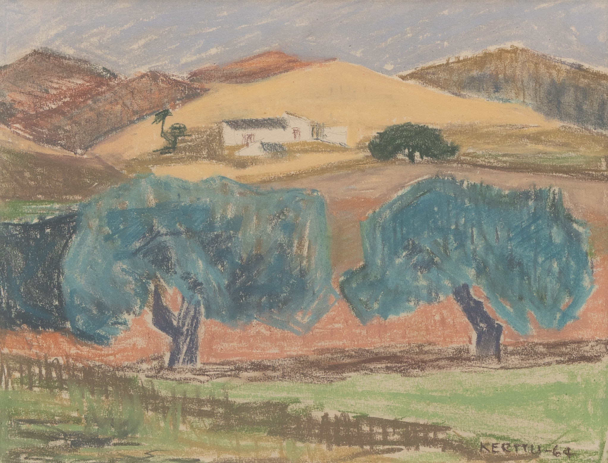 KERTTU KAASINEN (FINLAND 1899-1972). Spanskt landskap, pastell, signerad och daterad -64.