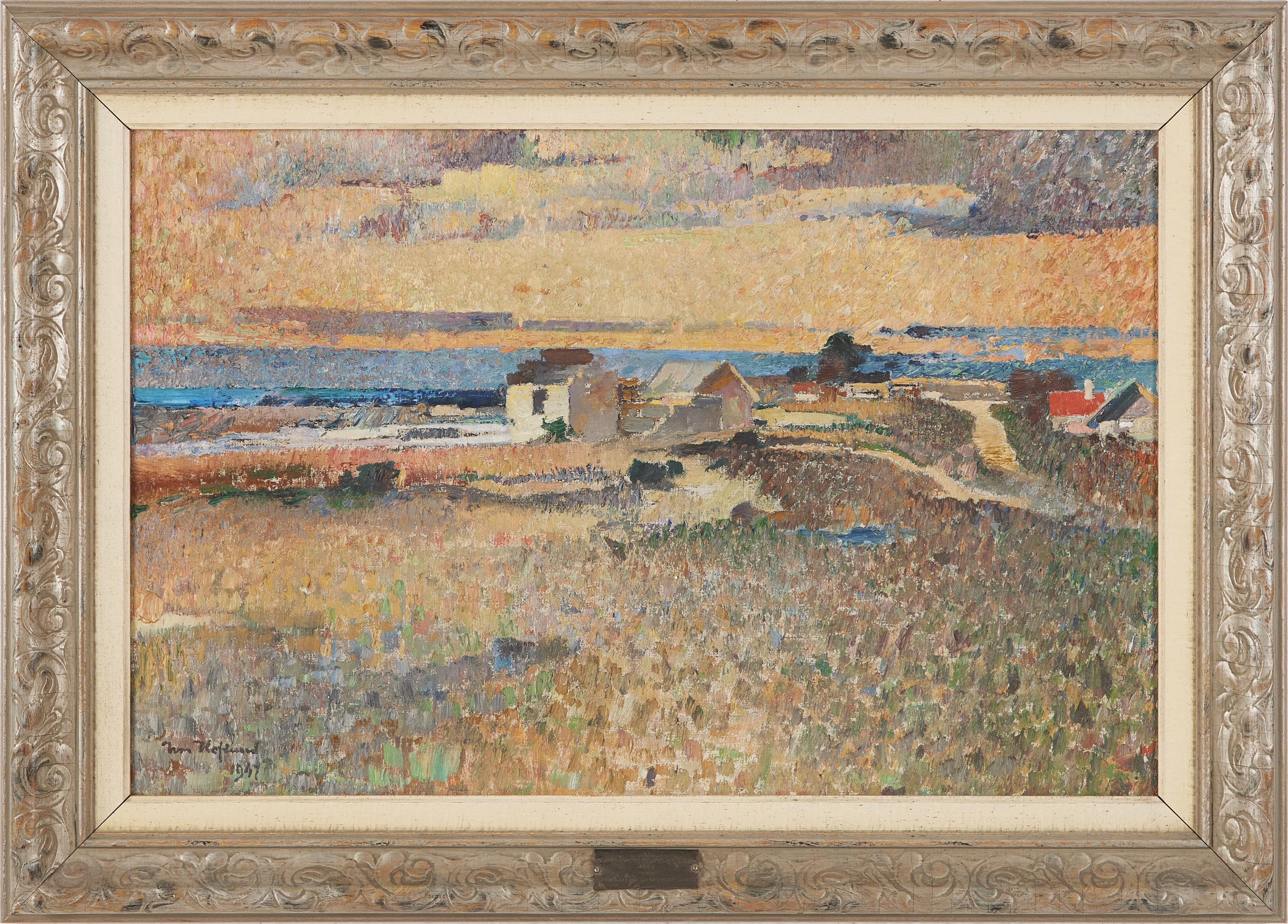 IVAN HOFLUND (1887-1948). Kustbild med stugor, olja på duk.