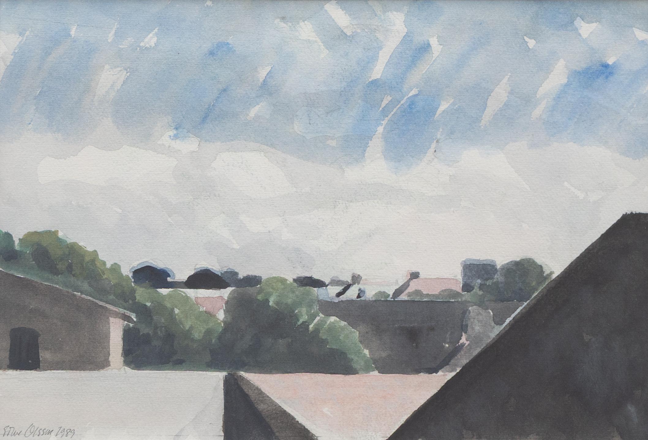 SÖLVE OLSSON. Vy över taken, akvarell, signerad och daterad 1989.