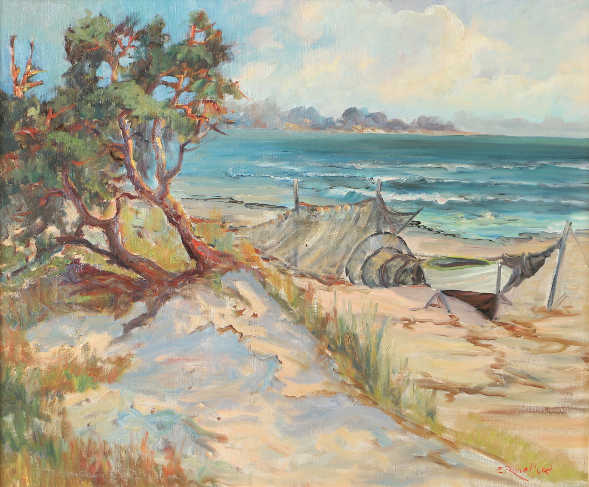 EMIL RUNEFJORD. Strandparti, olja på duk, signerad E. Runefjord.